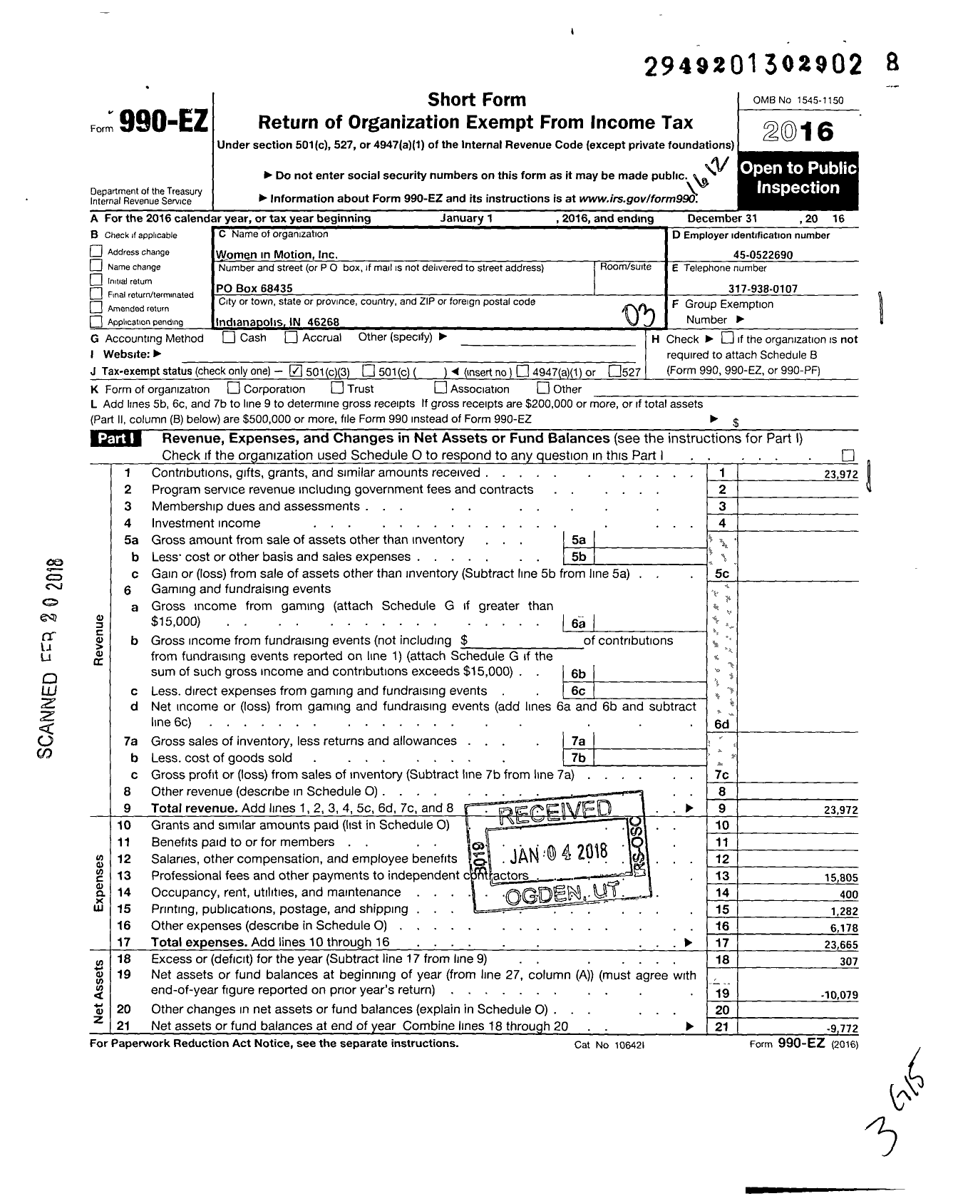 Image of first page of 2016 Form 990EZ for Women in Motion