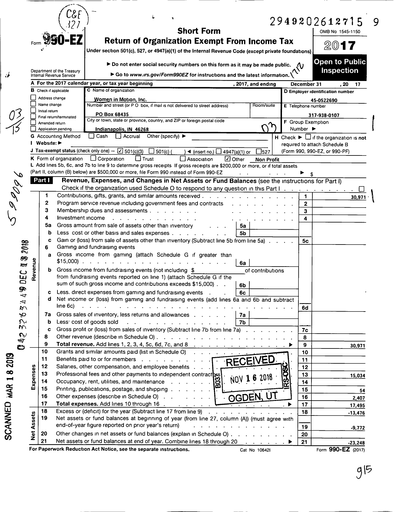 Image of first page of 2017 Form 990EZ for Women in Motion