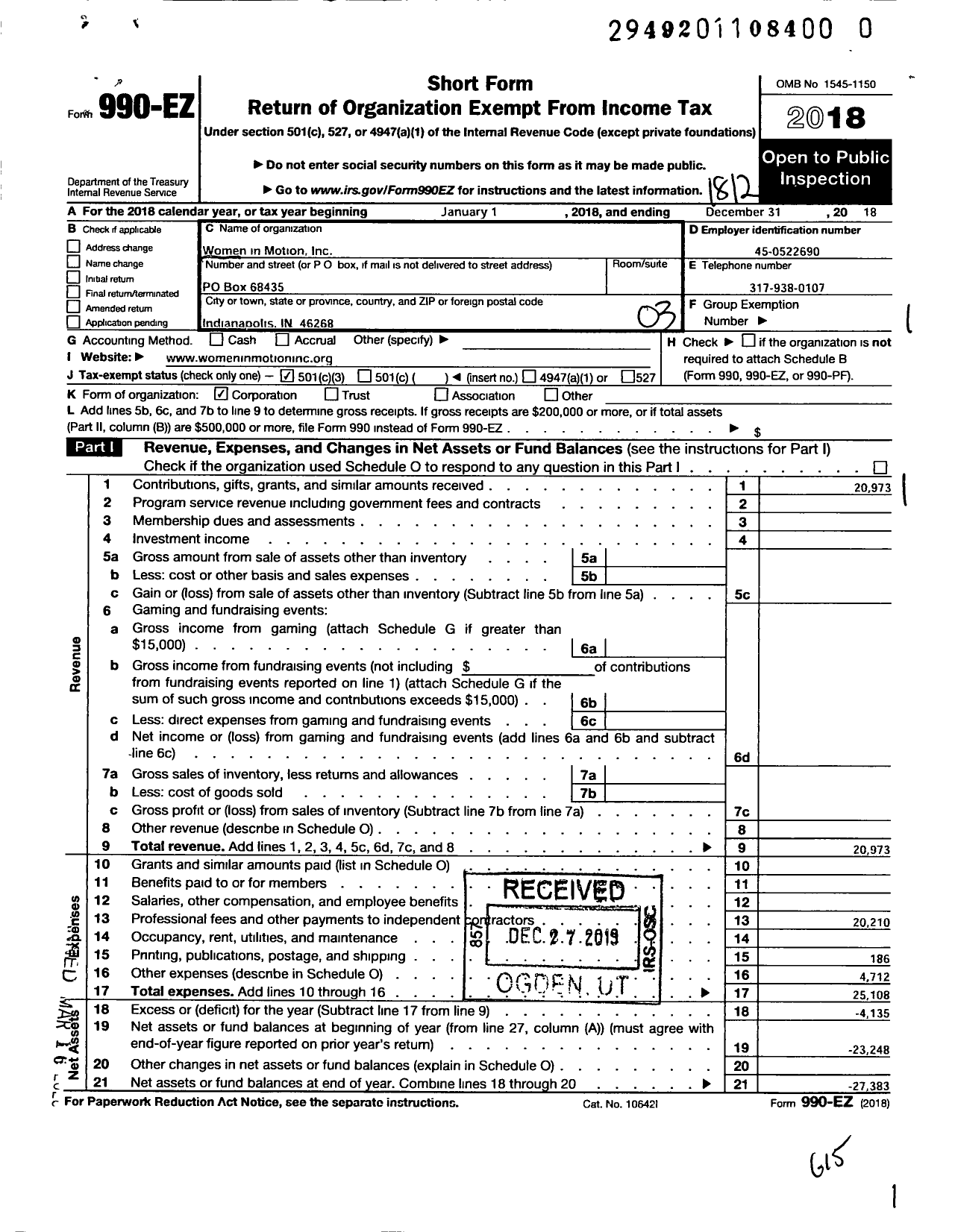 Image of first page of 2018 Form 990EZ for Women in Motion