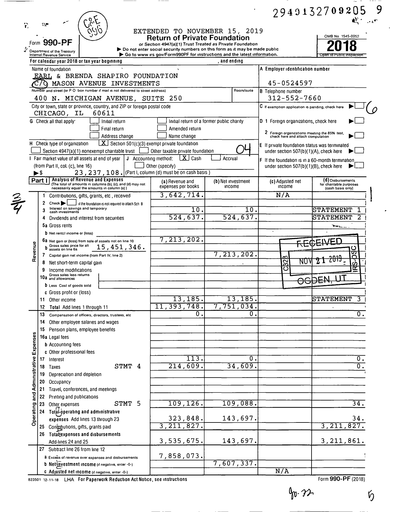 Image of first page of 2018 Form 990PF for Earl & Brenda Shapiro Foundation - Amended