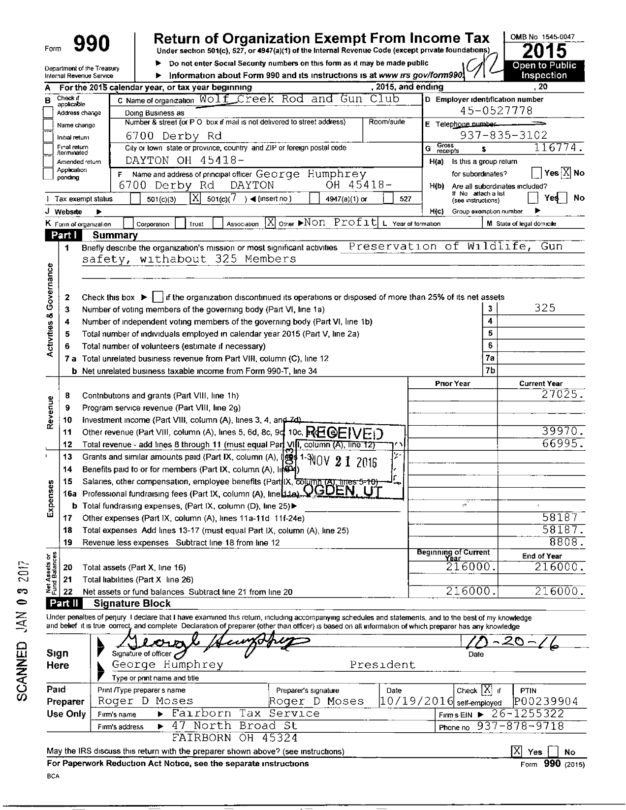 Image of first page of 2015 Form 990O for Wolf Creek Rod and Gun Club