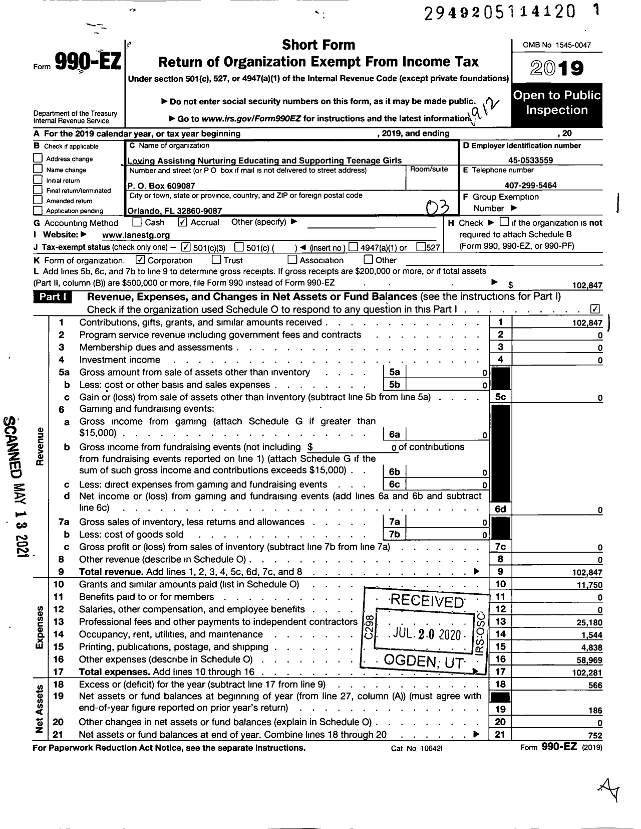 Image of first page of 2019 Form 990EZ for Loving Assisting Nurturing Educating and Supporting