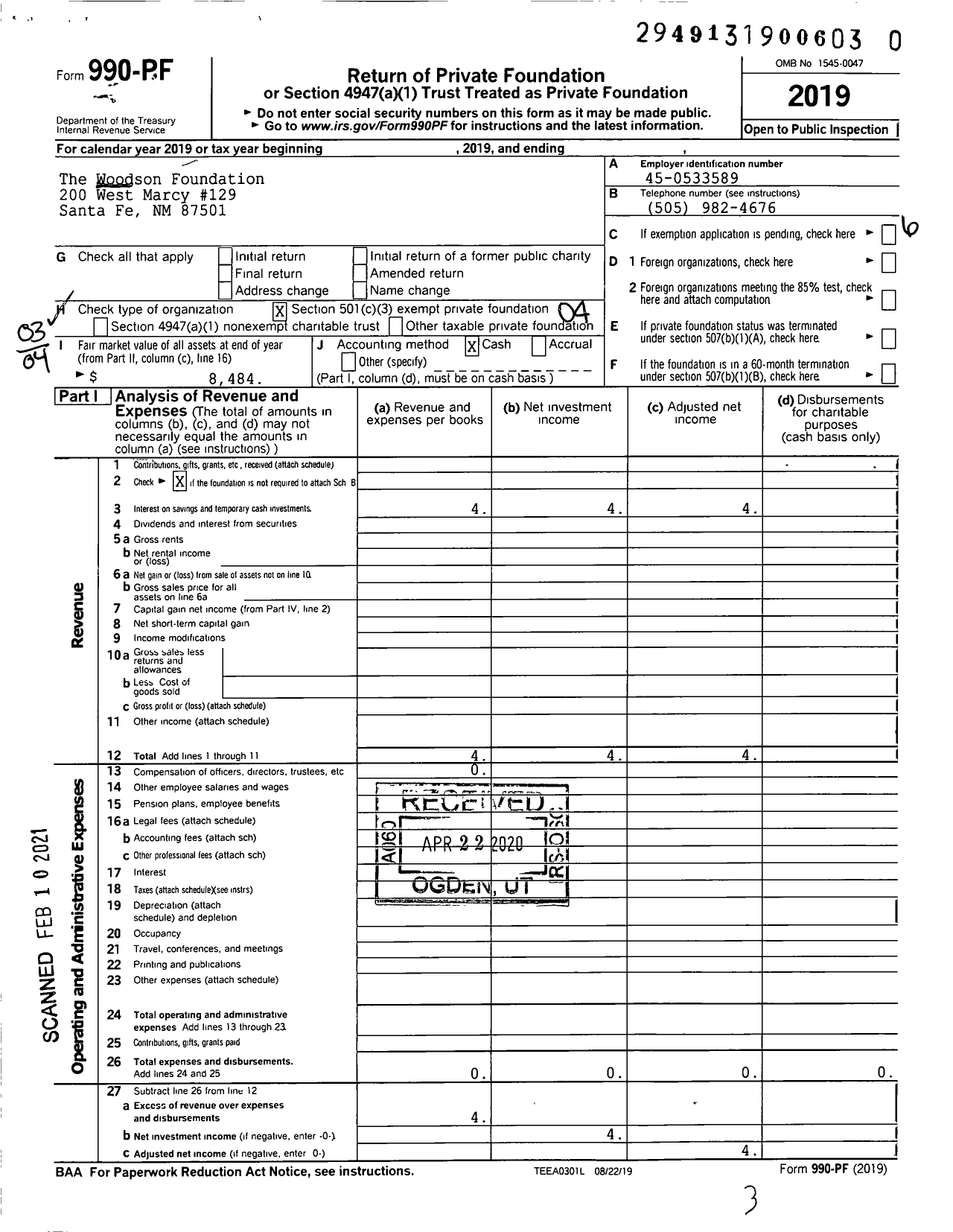 Image of first page of 2019 Form 990PF for The Woodson Foundation