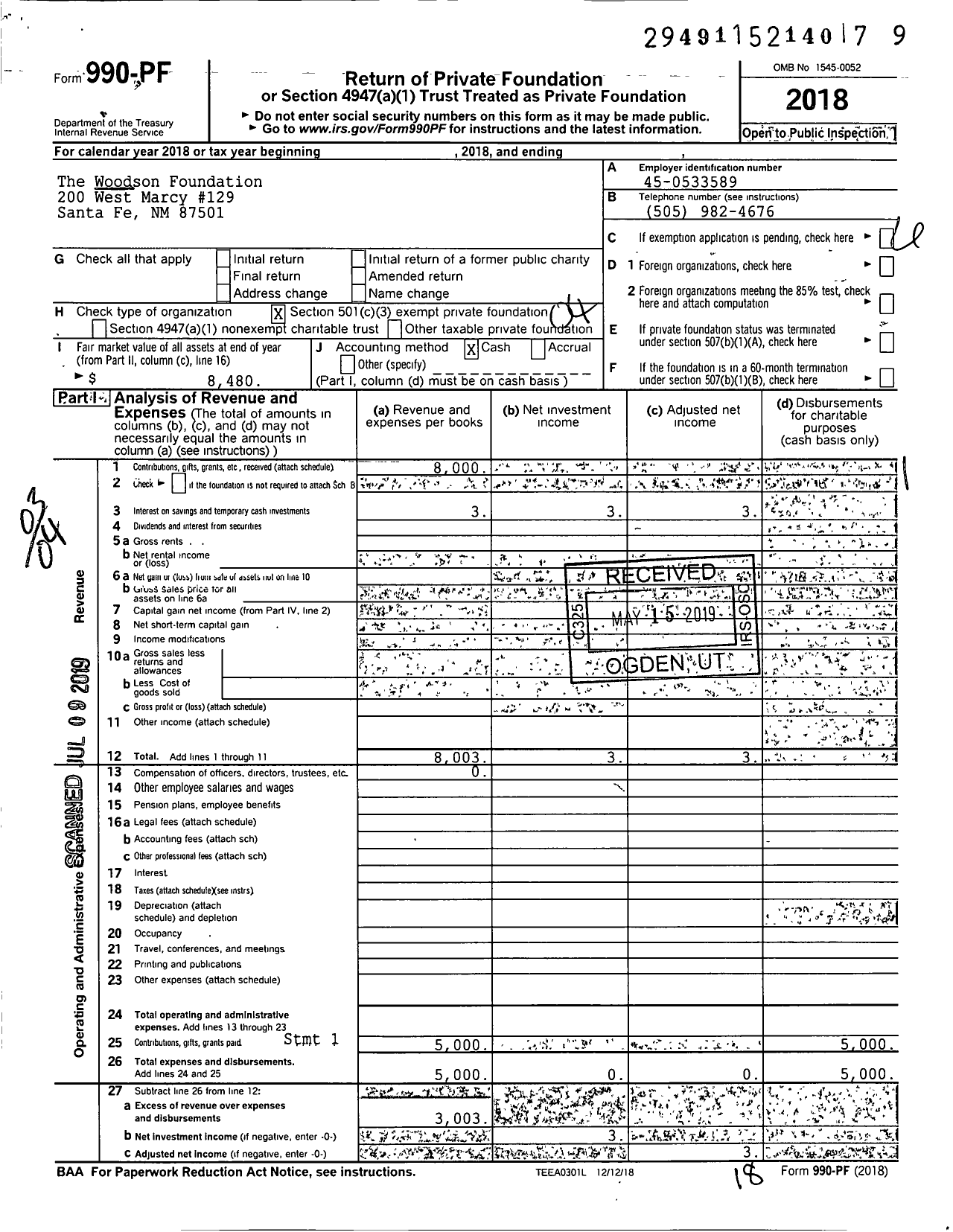 Image of first page of 2018 Form 990PF for The Woodson Foundation