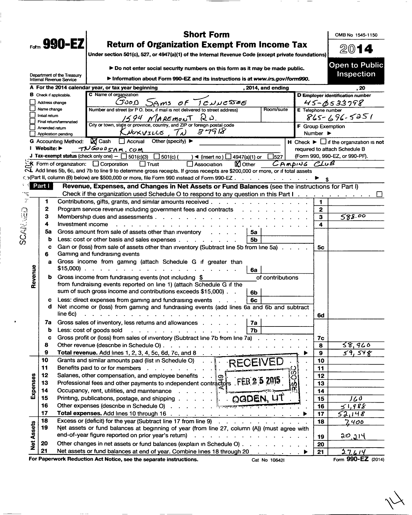 Image of first page of 2014 Form 990EO for Good Sams of Tennessee