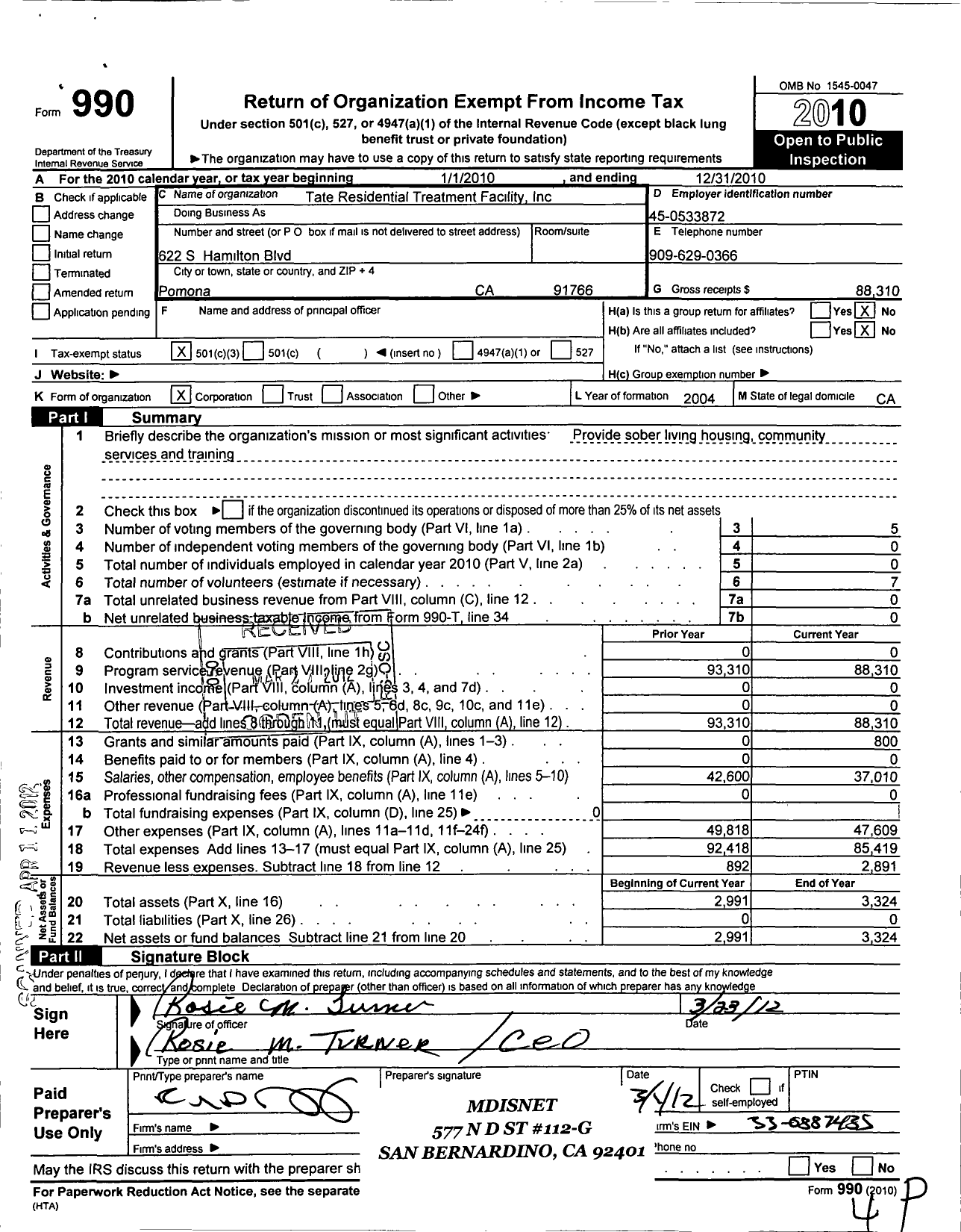 Image of first page of 2010 Form 990 for Tate Residential Treatment Facility