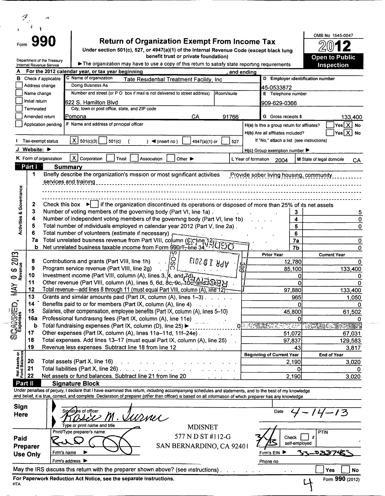 Image of first page of 2012 Form 990 for Tate Residential Treatment Facility