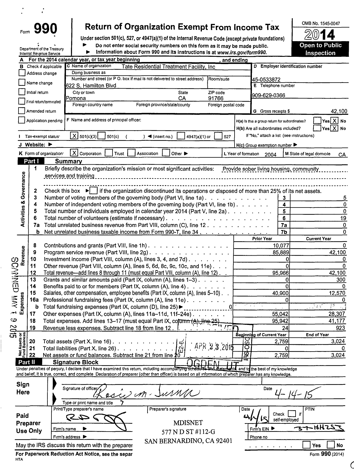 Image of first page of 2014 Form 990 for Tate Residential Treatment Facility