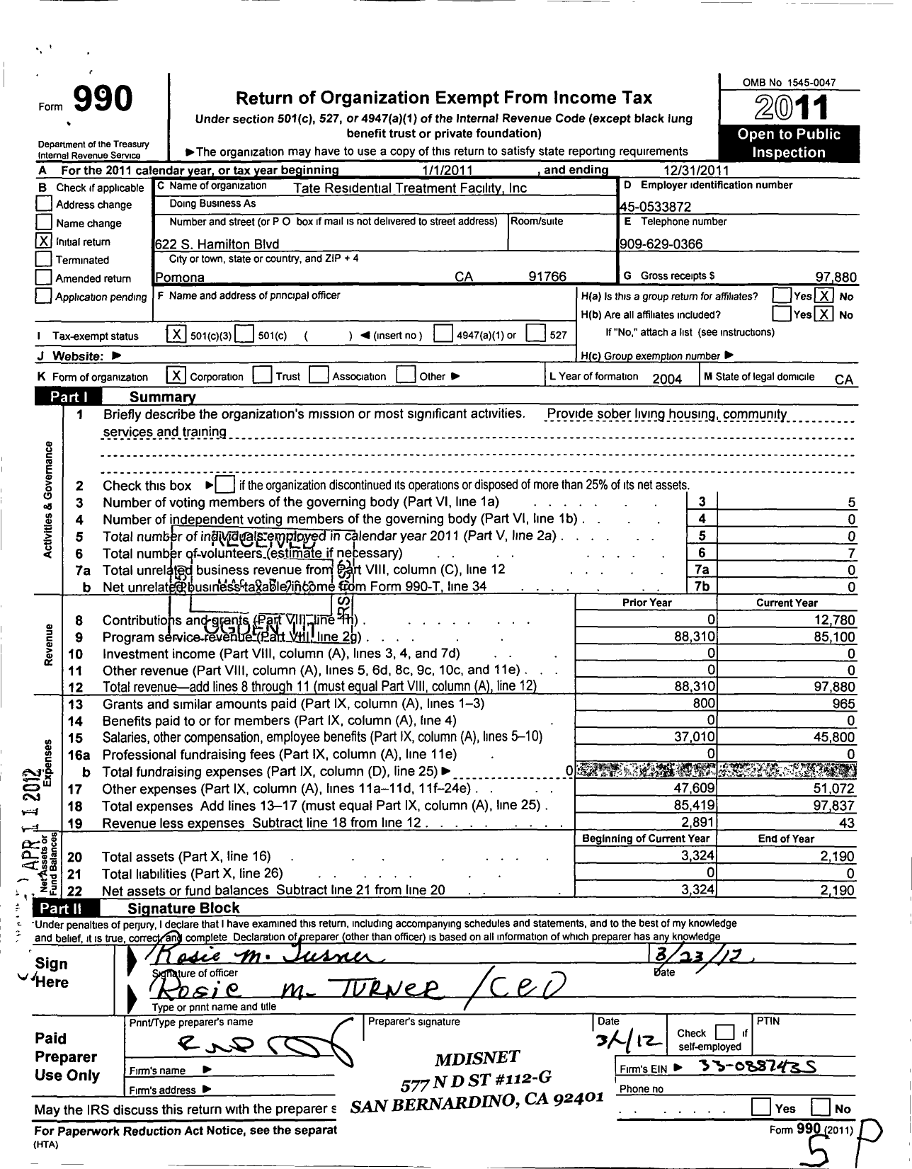 Image of first page of 2011 Form 990 for Tate Residential Treatment Facility