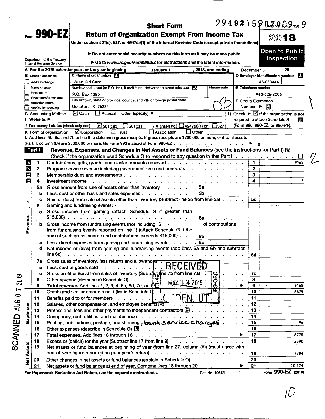 Image of first page of 2018 Form 990EZ for Wise Kid Care