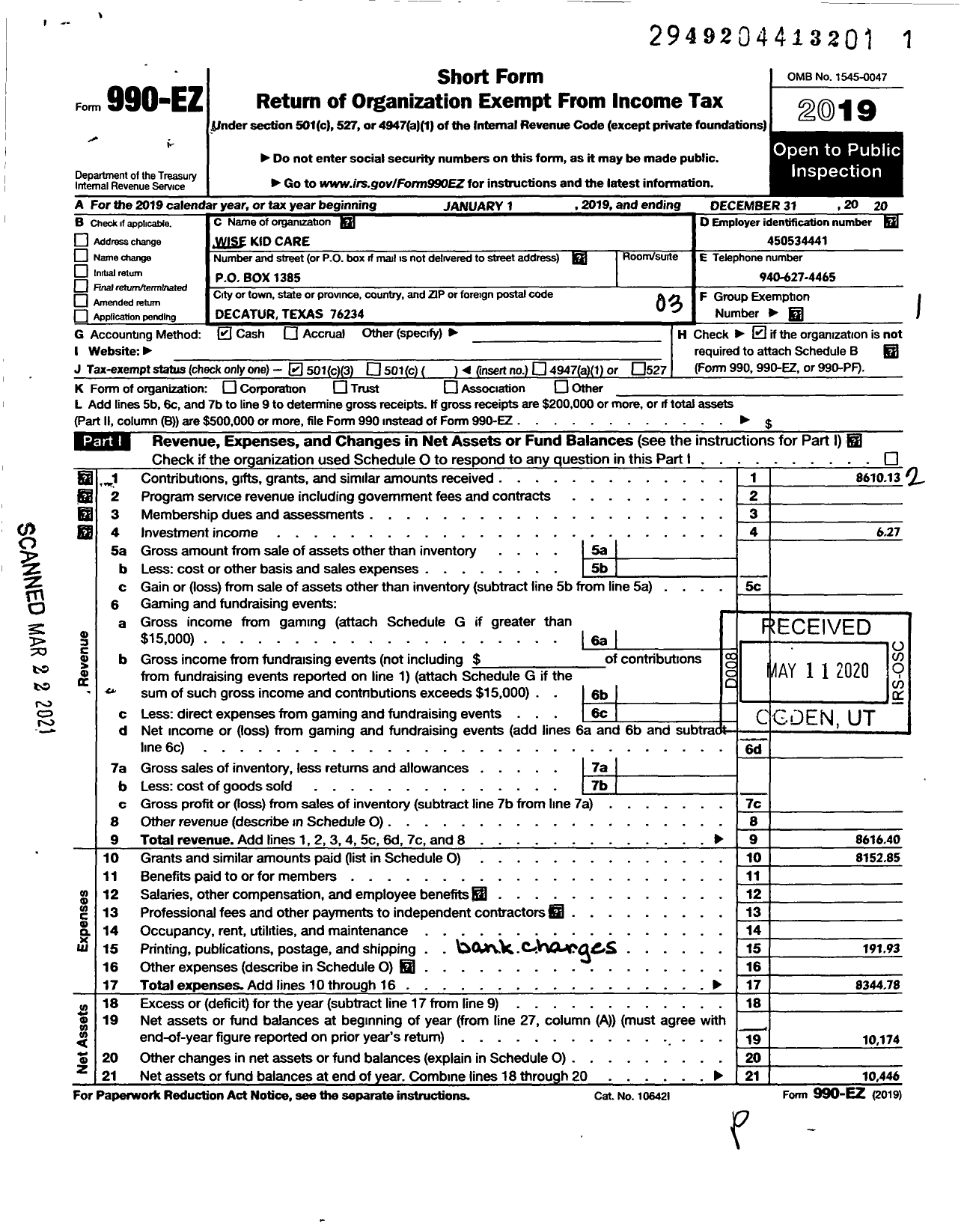 Image of first page of 2020 Form 990EZ for Wise Kid Care