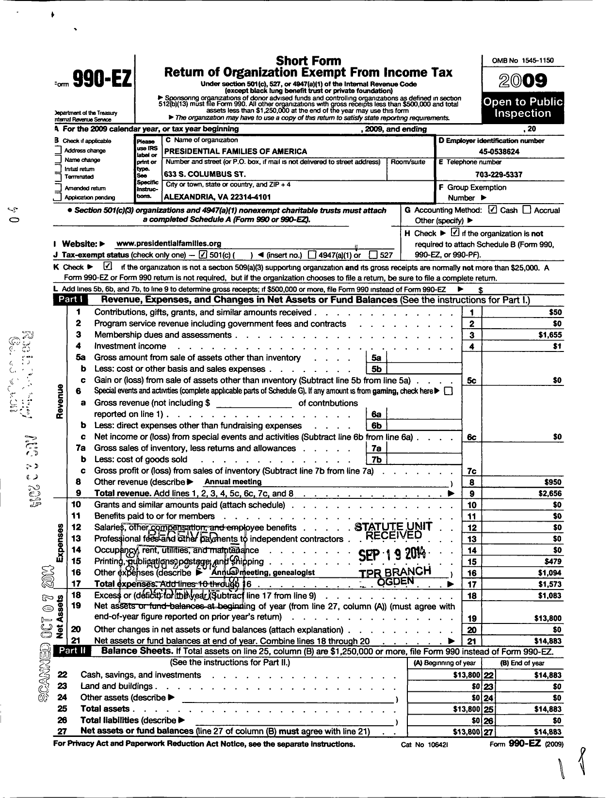 Image of first page of 2009 Form 990EO for Presidential Families of America