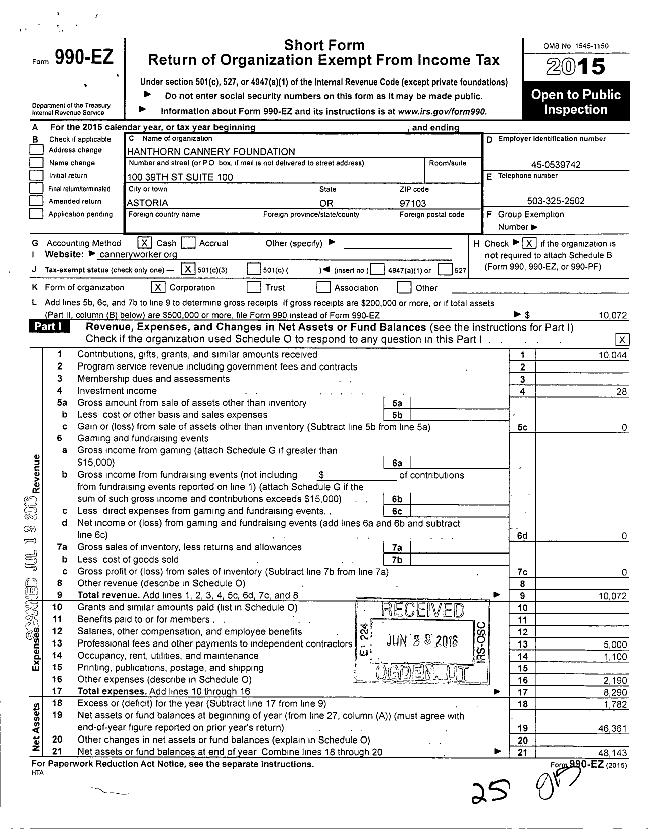 Image of first page of 2015 Form 990EZ for Hanthorn Cannery Foundation