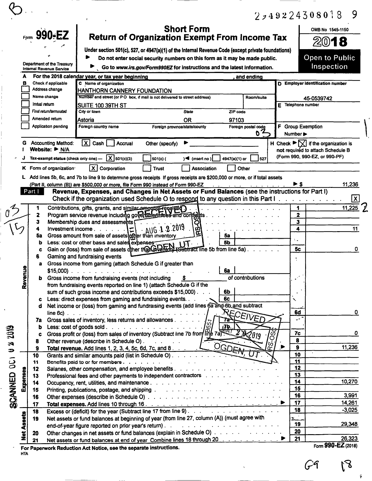 Image of first page of 2018 Form 990EZ for Hanthorn Cannery Foundation