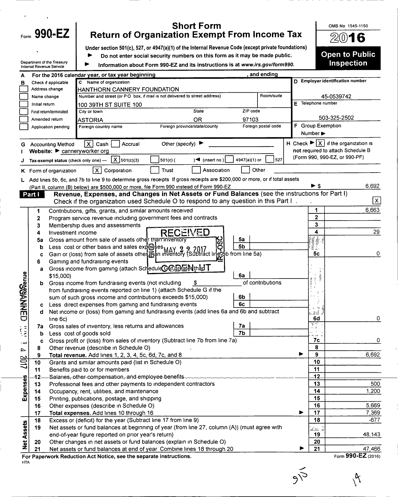 Image of first page of 2016 Form 990EZ for Hanthorn Cannery Foundation