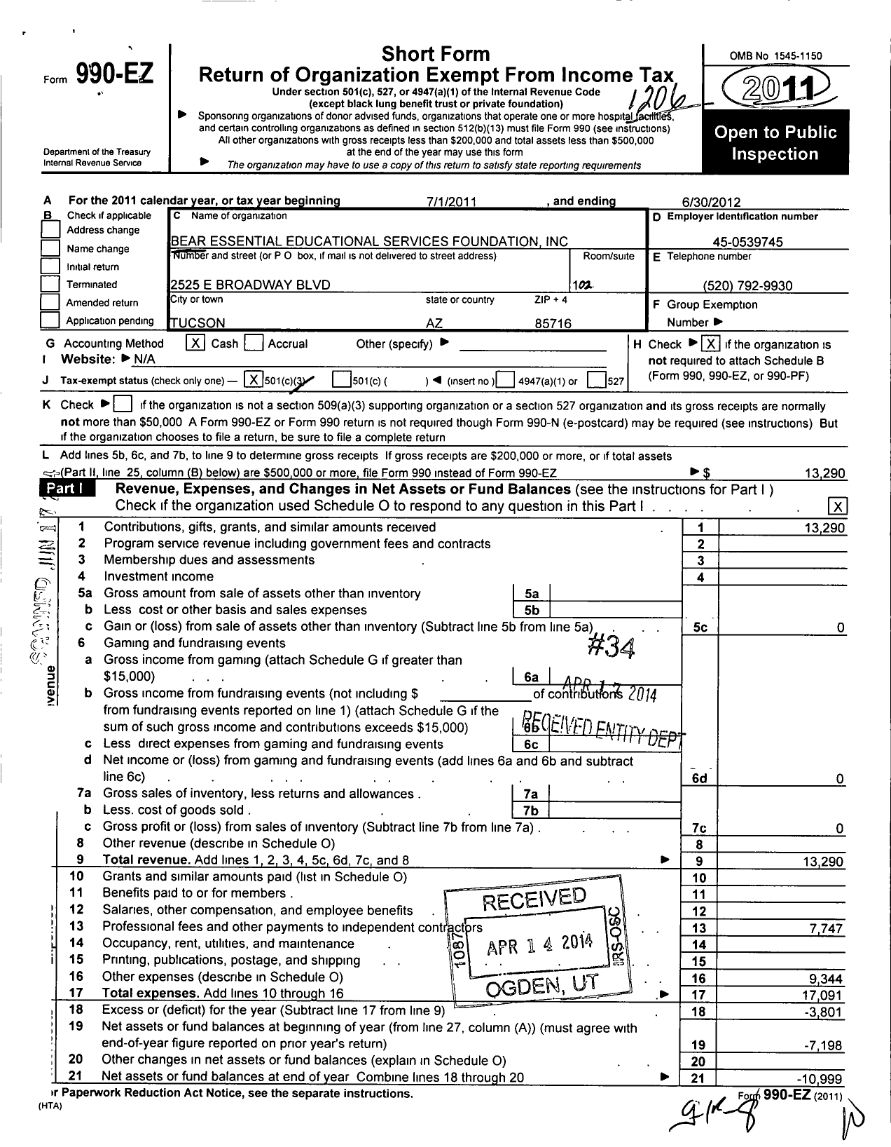 Image of first page of 2011 Form 990EZ for Bear Essential Educational Services