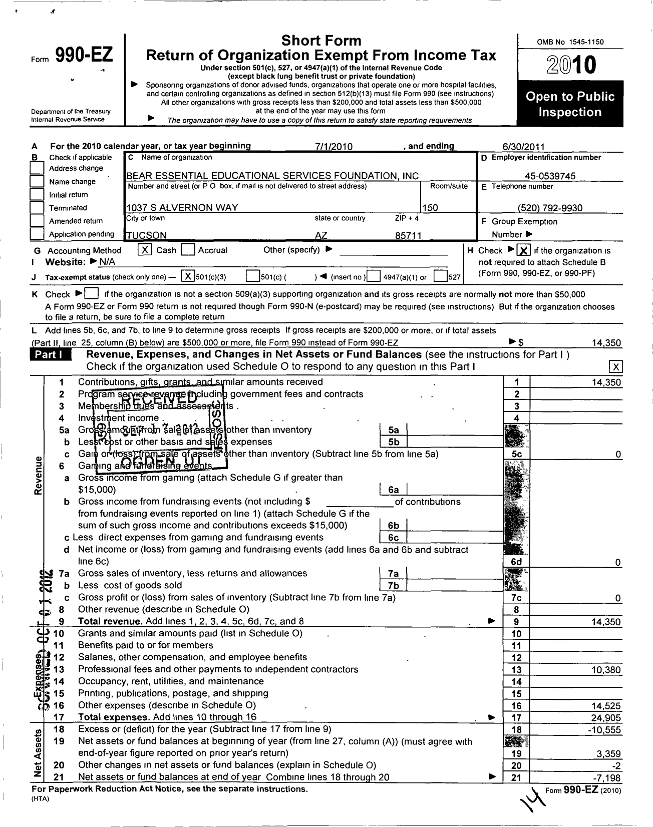 Image of first page of 2010 Form 990EZ for Bear Essential Educational Services
