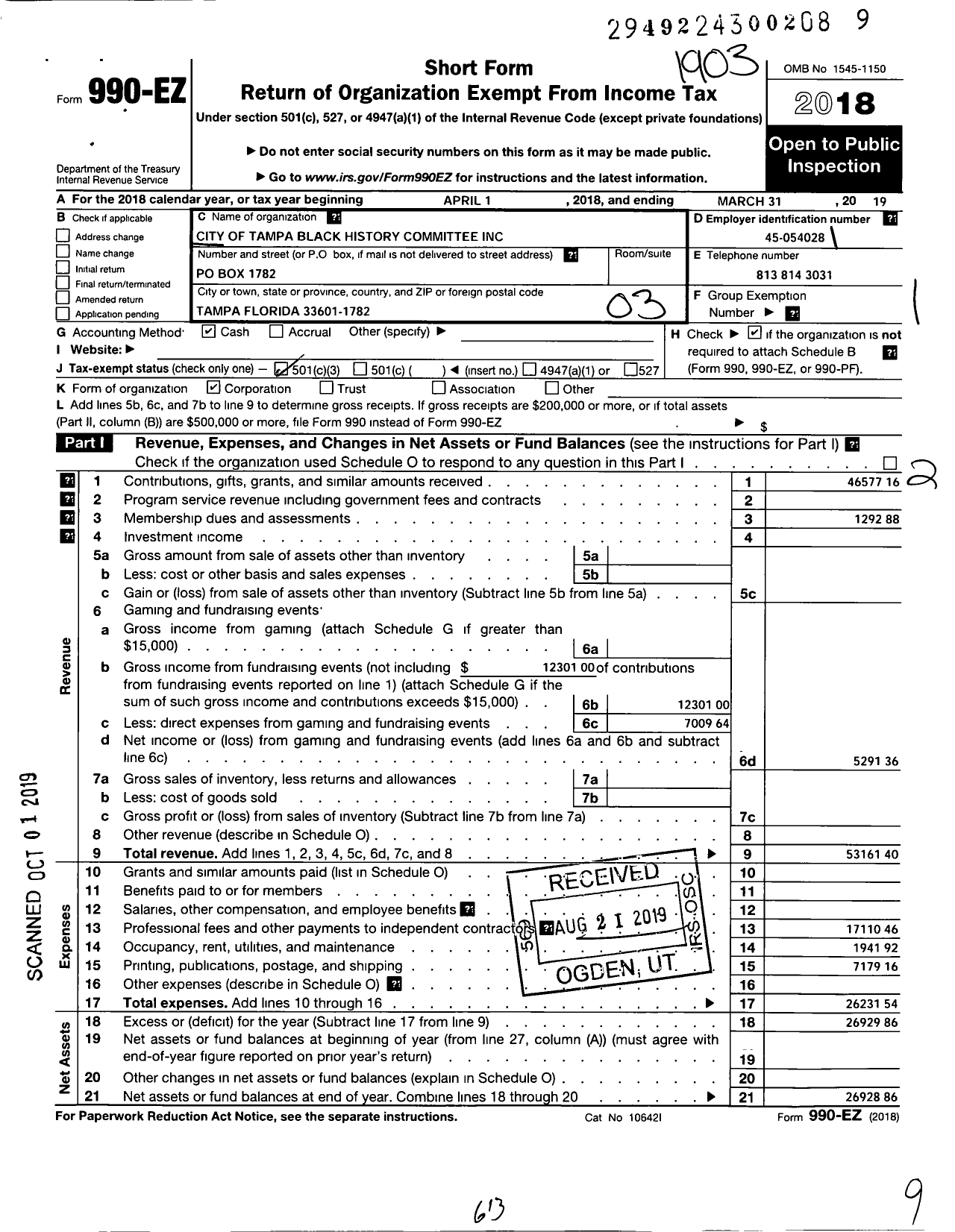 Image of first page of 2018 Form 990EZ for City of Tampa Black History Committee