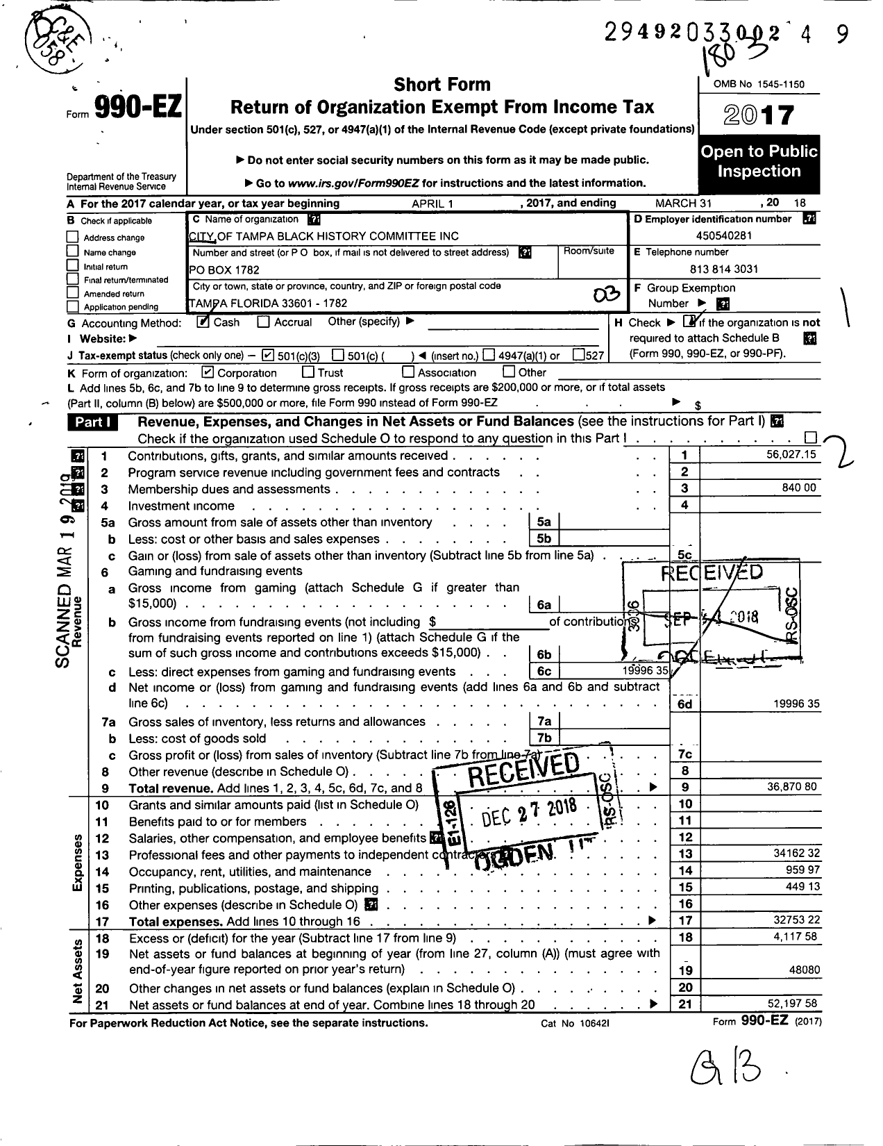 Image of first page of 2017 Form 990EZ for City of Tampa Black History Committee