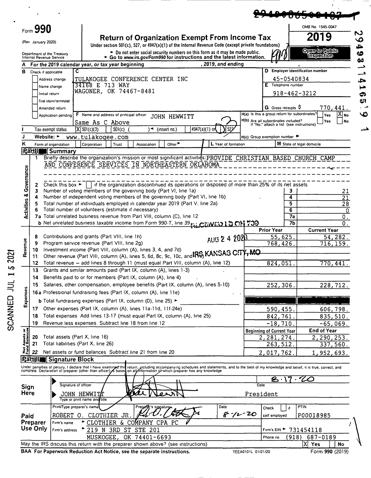 Image of first page of 2019 Form 990 for Tulakogee Conference Center