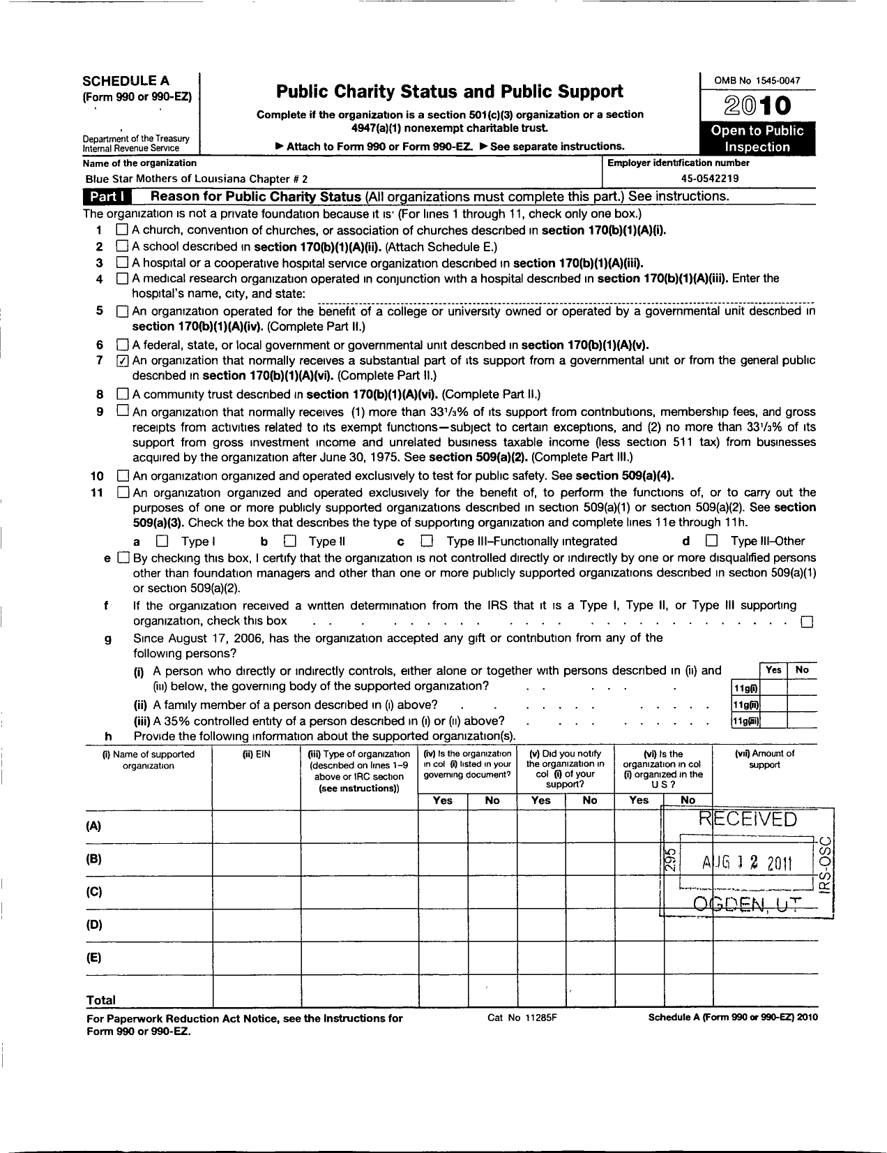 Image of first page of 2010 Form 990ER for Blue Star Mothers of America - 2 BSM of Louisiana