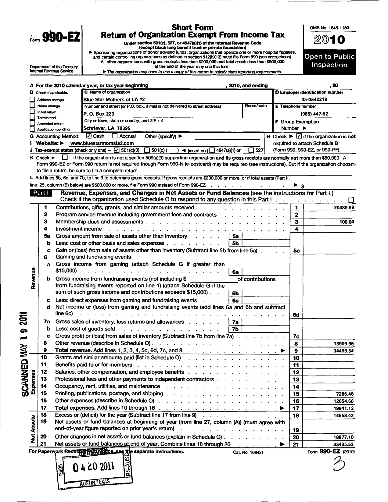 Image of first page of 2010 Form 990EZ for Blue Star Mothers of America - 2 BSM of Louisiana