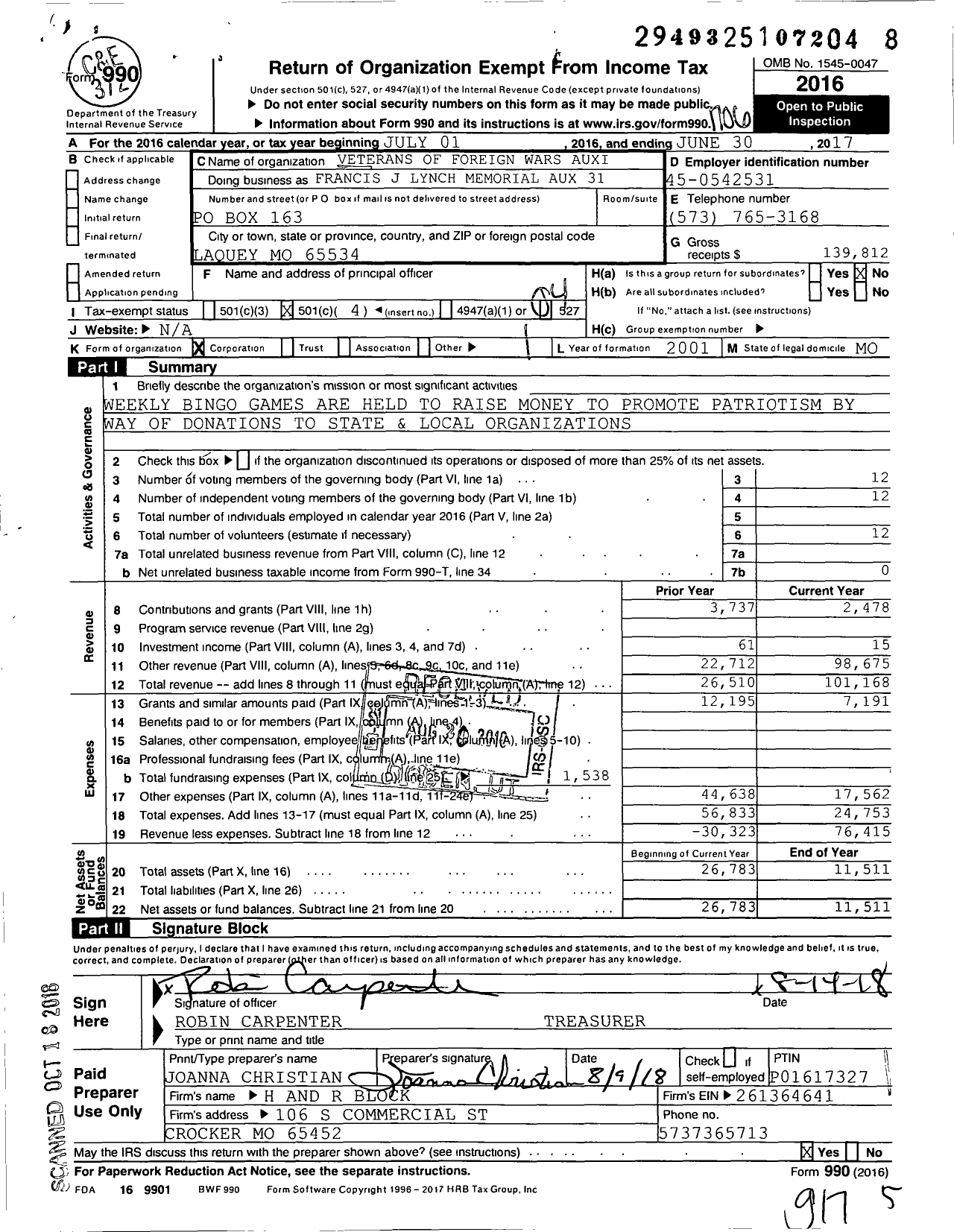 Image of first page of 2016 Form 990O for VFW Auxiliary Department of Missouri - Francis J Lynch Mem Lad Auxiliary 31