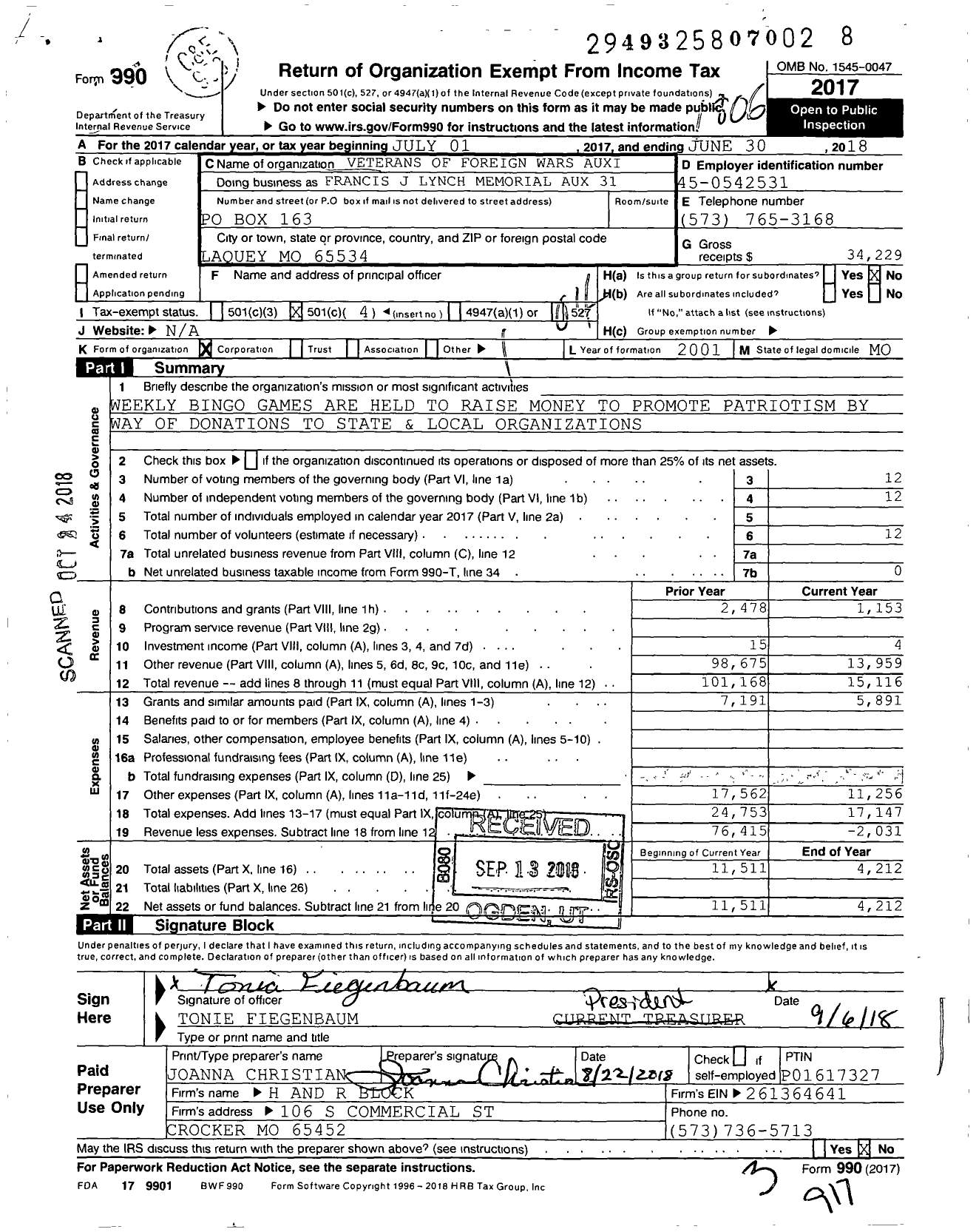 Image of first page of 2017 Form 990O for VFW Auxiliary Department of Missouri - Francis J Lynch Mem Lad Auxiliary 31