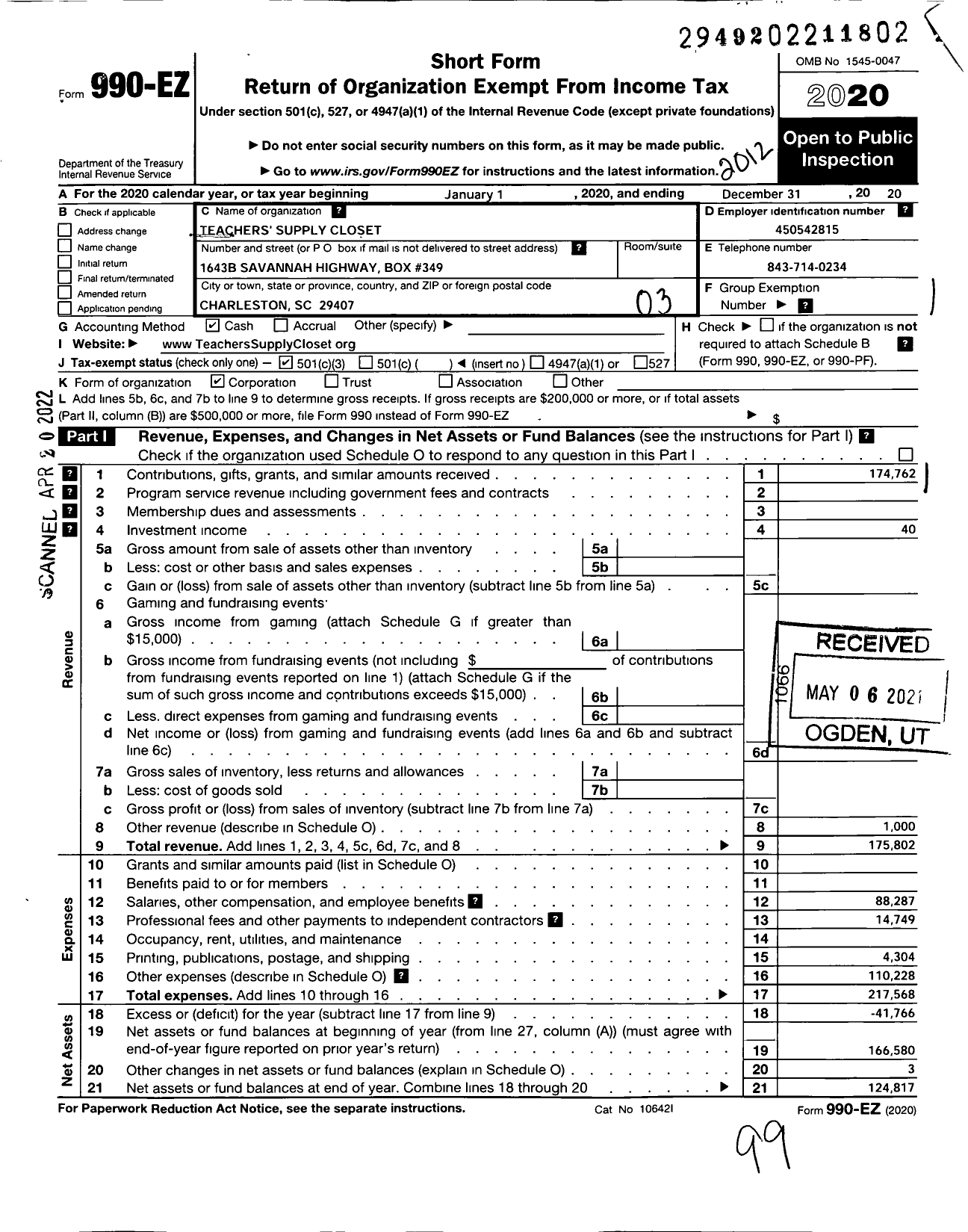 Image of first page of 2020 Form 990EZ for Teachers Supply Closet