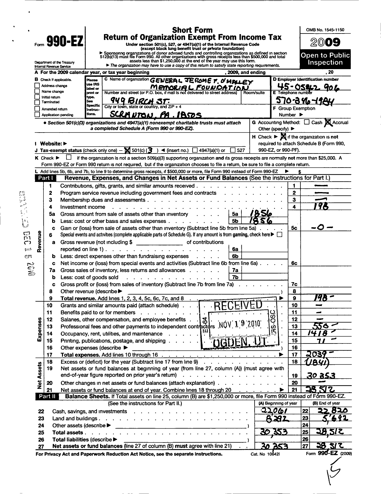 Image of first page of 2009 Form 990EZ for General Jerome F Omalley Memorial Foundation