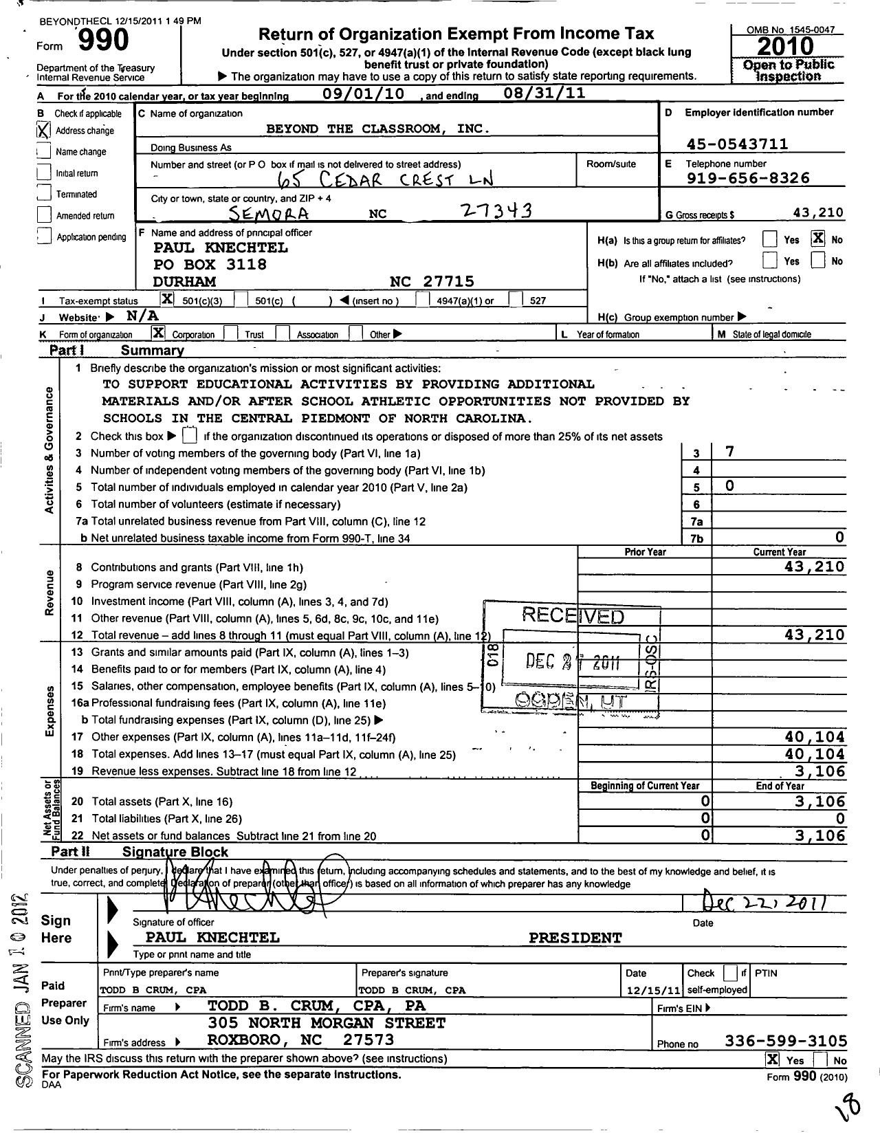 Image of first page of 2010 Form 990 for Beyond the Classroom