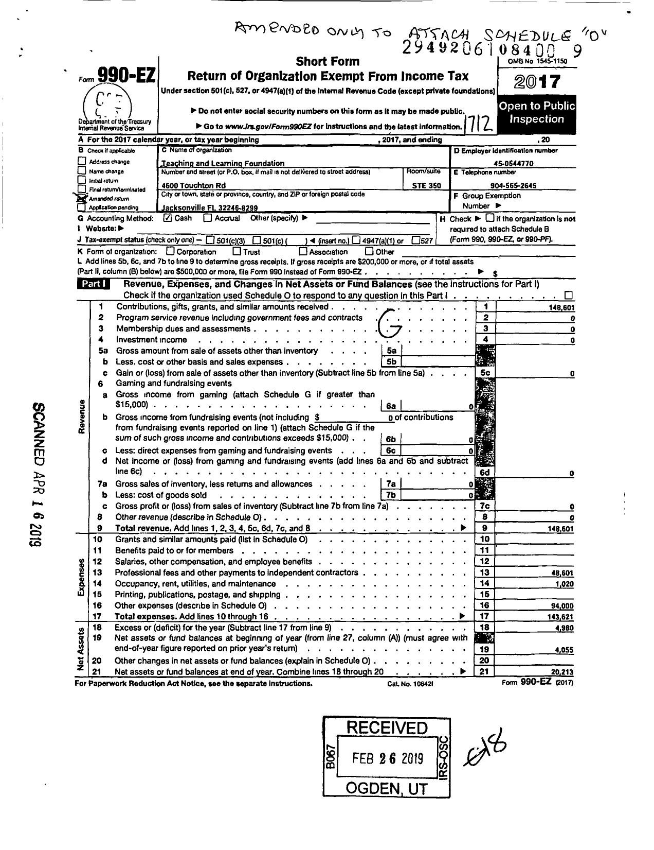 Image of first page of 2017 Form 990EO for Teaching and Learning Foundation