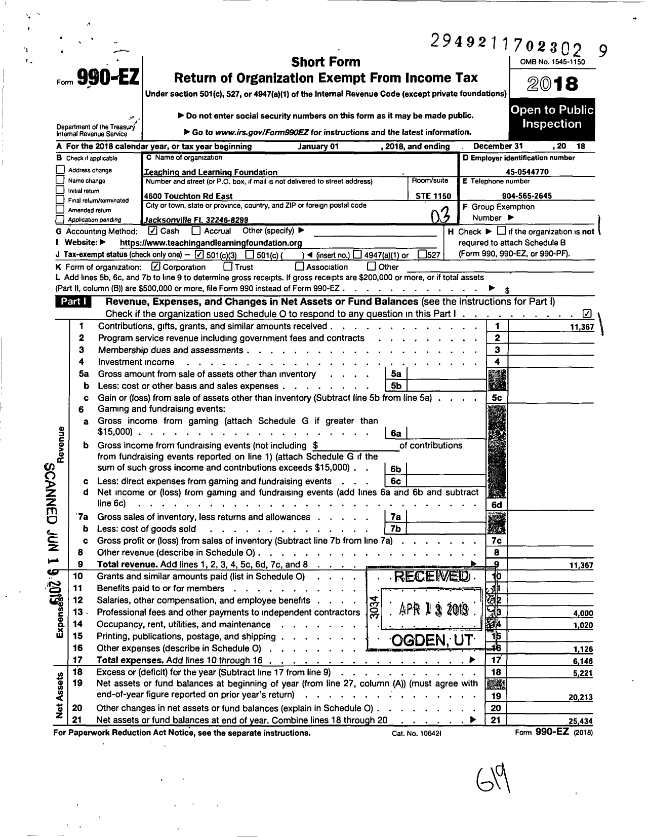 Image of first page of 2018 Form 990EZ for Teaching and Learning Foundation