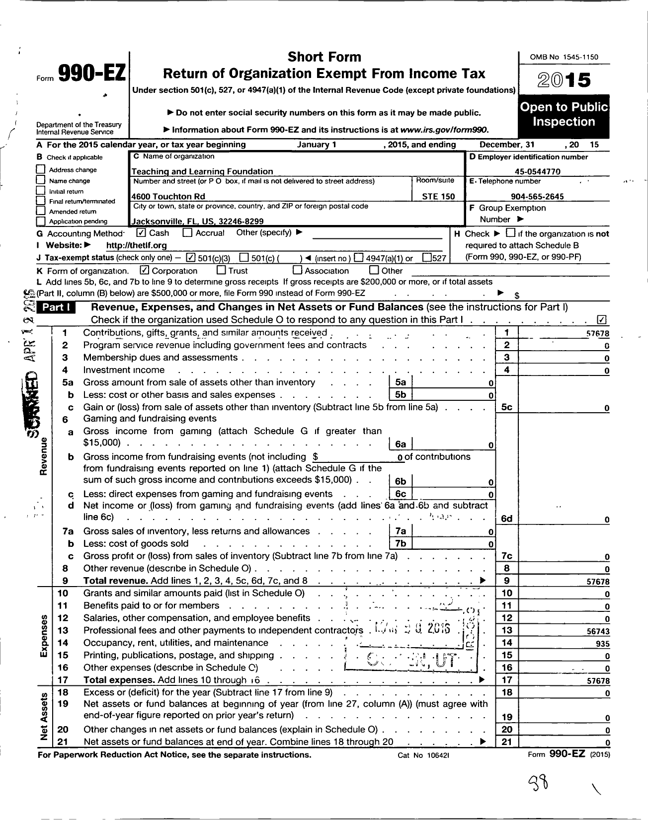 Image of first page of 2015 Form 990EZ for Teaching and Learning Foundation