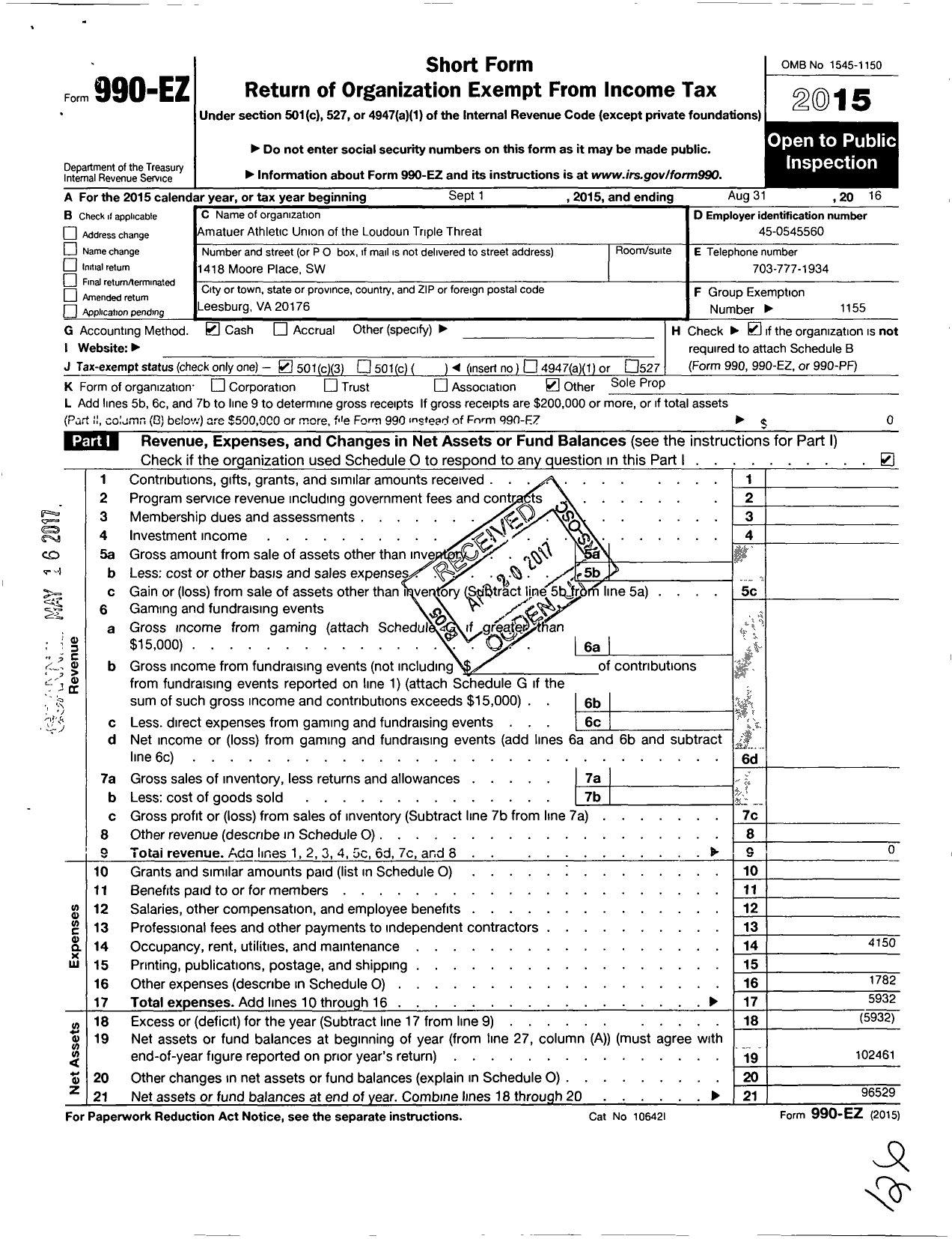 Image of first page of 2015 Form 990EZ for Amateur Athletic Union of the Loudoun Triple Threat