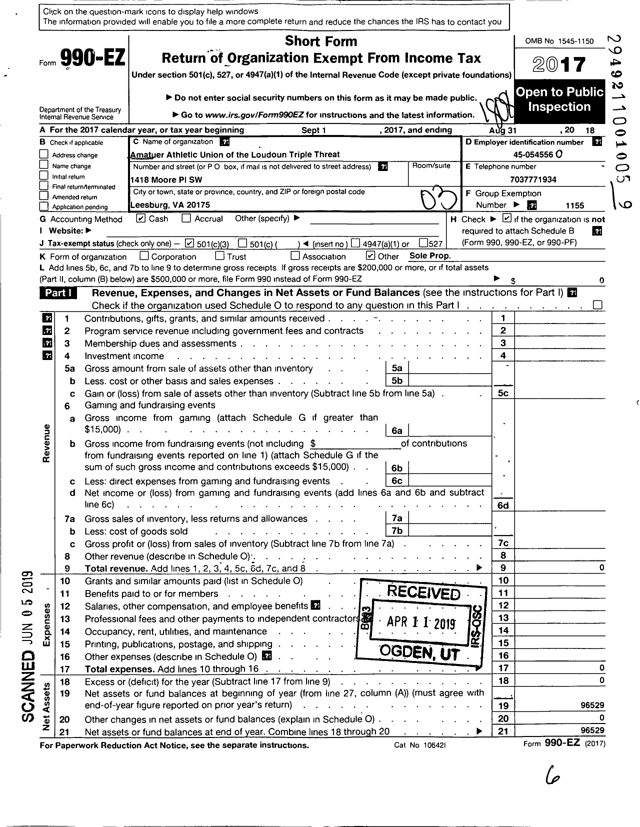 Image of first page of 2017 Form 990EZ for Amateur Athletic Union of the Loudoun Triple Threat