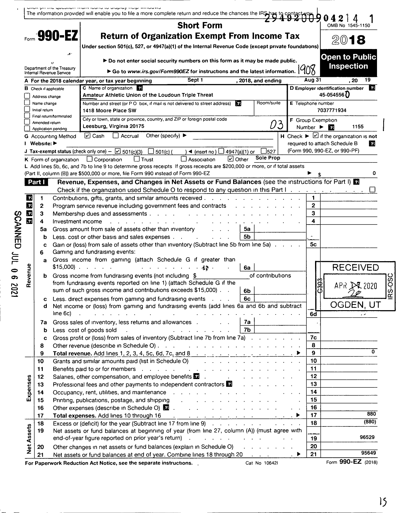 Image of first page of 2018 Form 990EZ for Amateur Athletic Union of the Loudoun Triple Threat