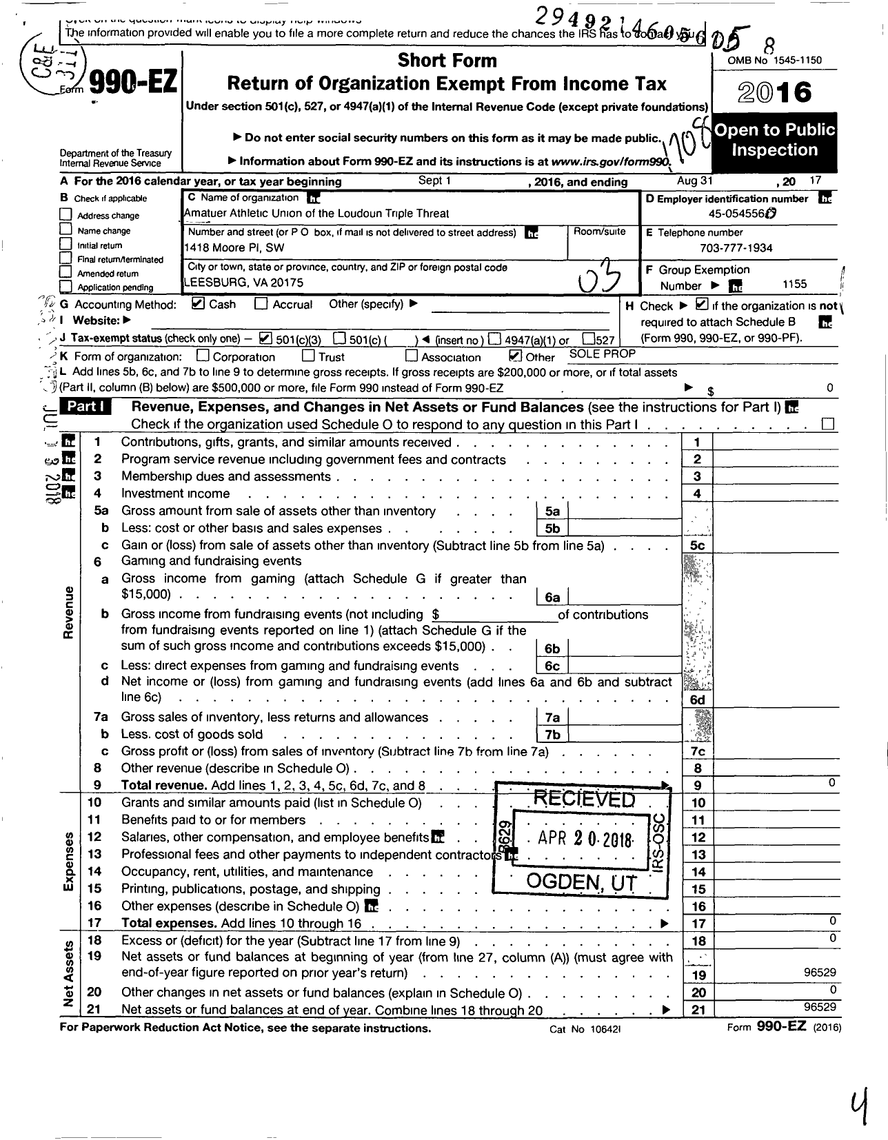 Image of first page of 2016 Form 990EZ for Amateur Athletic Union of the Loudoun Triple Threat