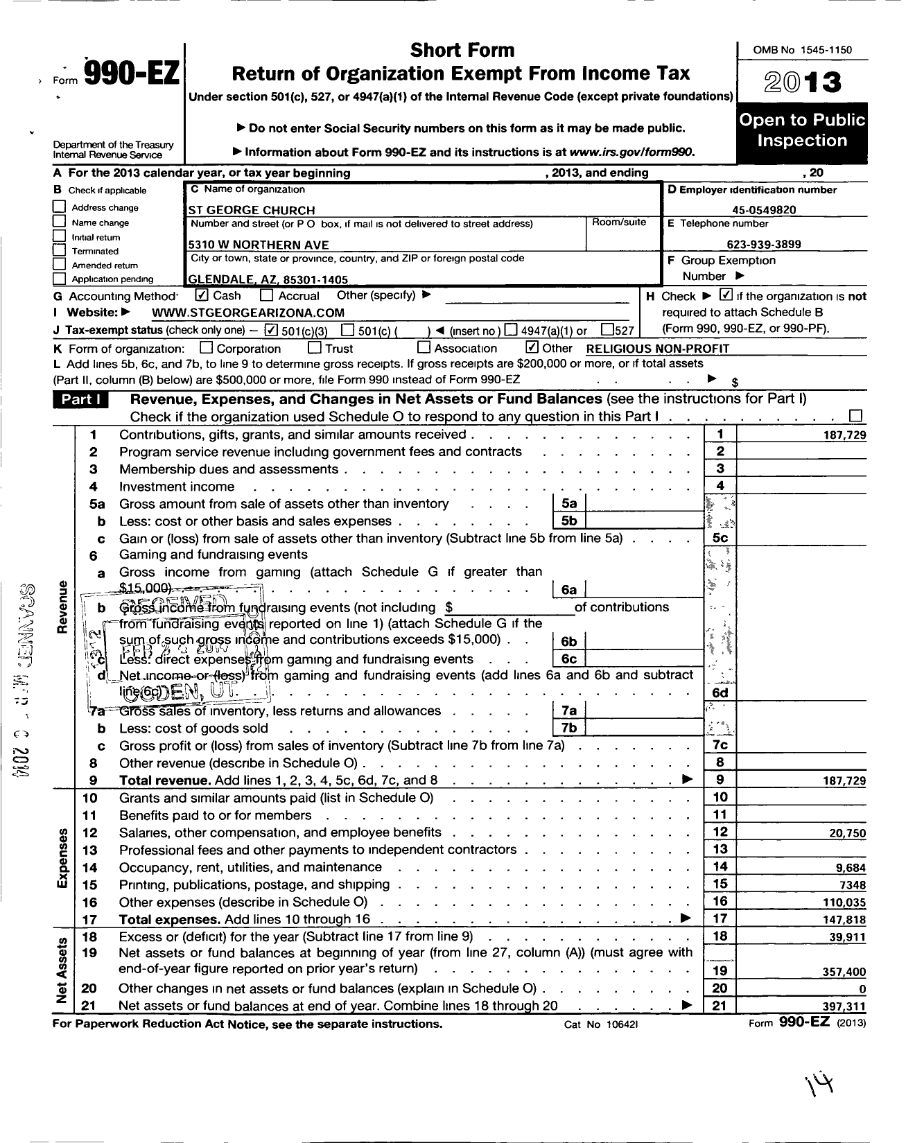 Image of first page of 2013 Form 990EZ for St George Church