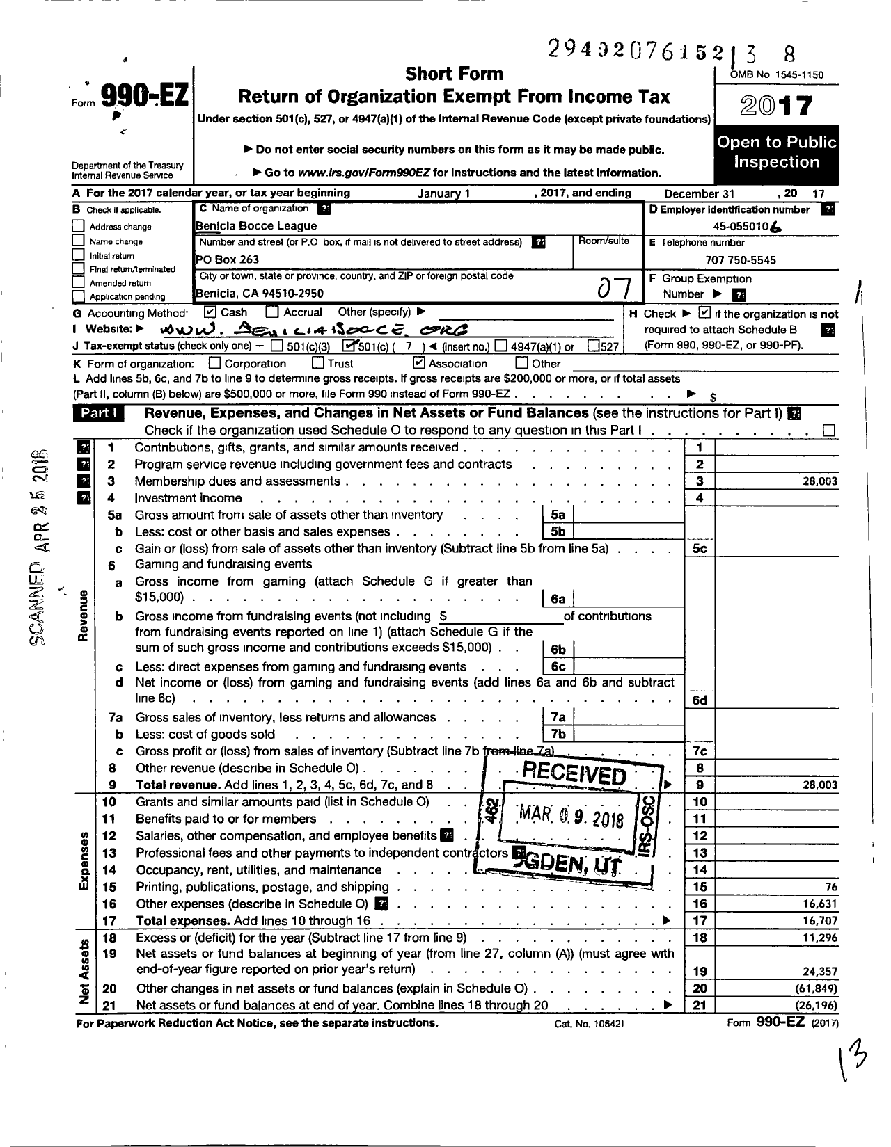 Image of first page of 2017 Form 990EO for Benicia Bocce League