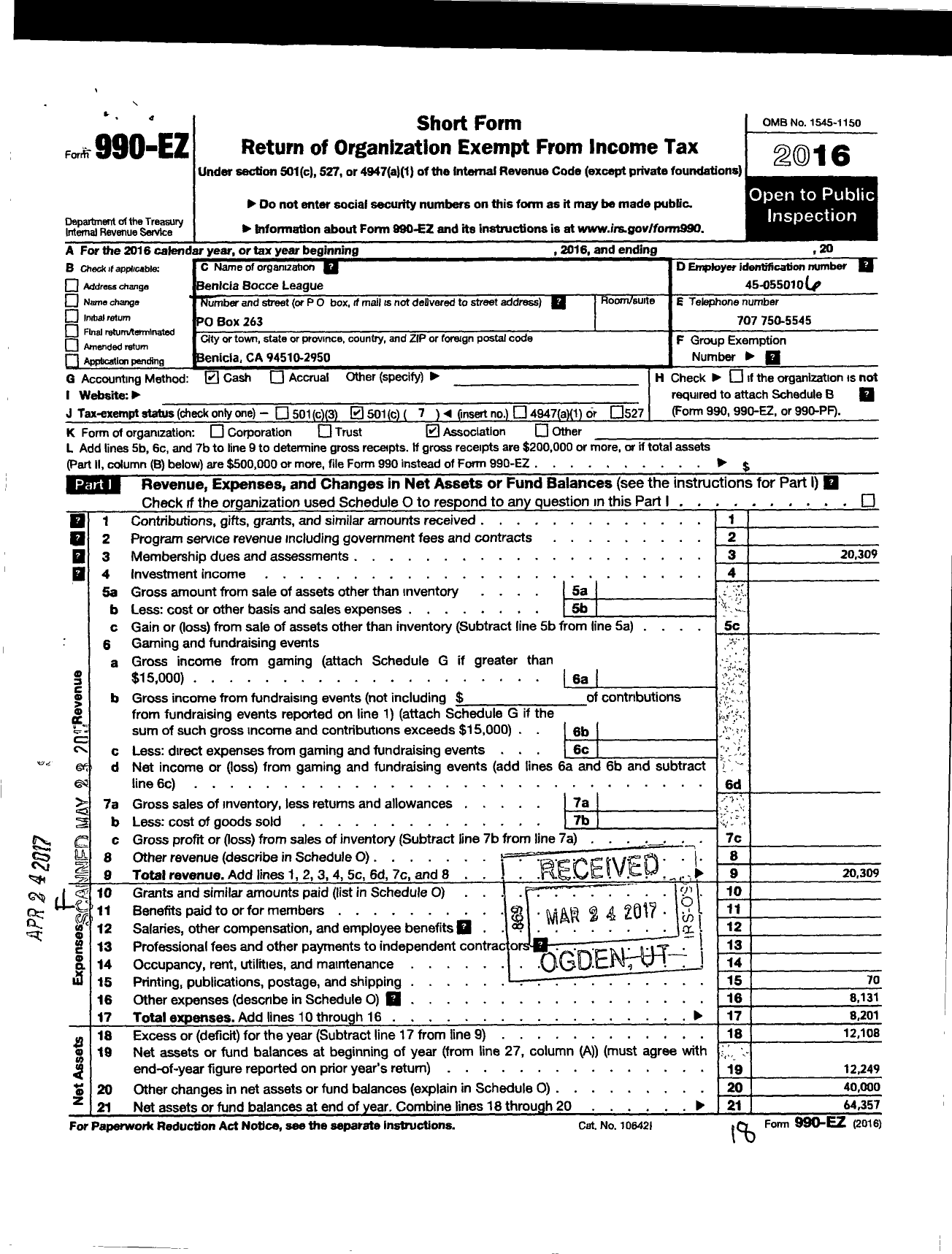 Image of first page of 2016 Form 990EO for Benicia Bocce League