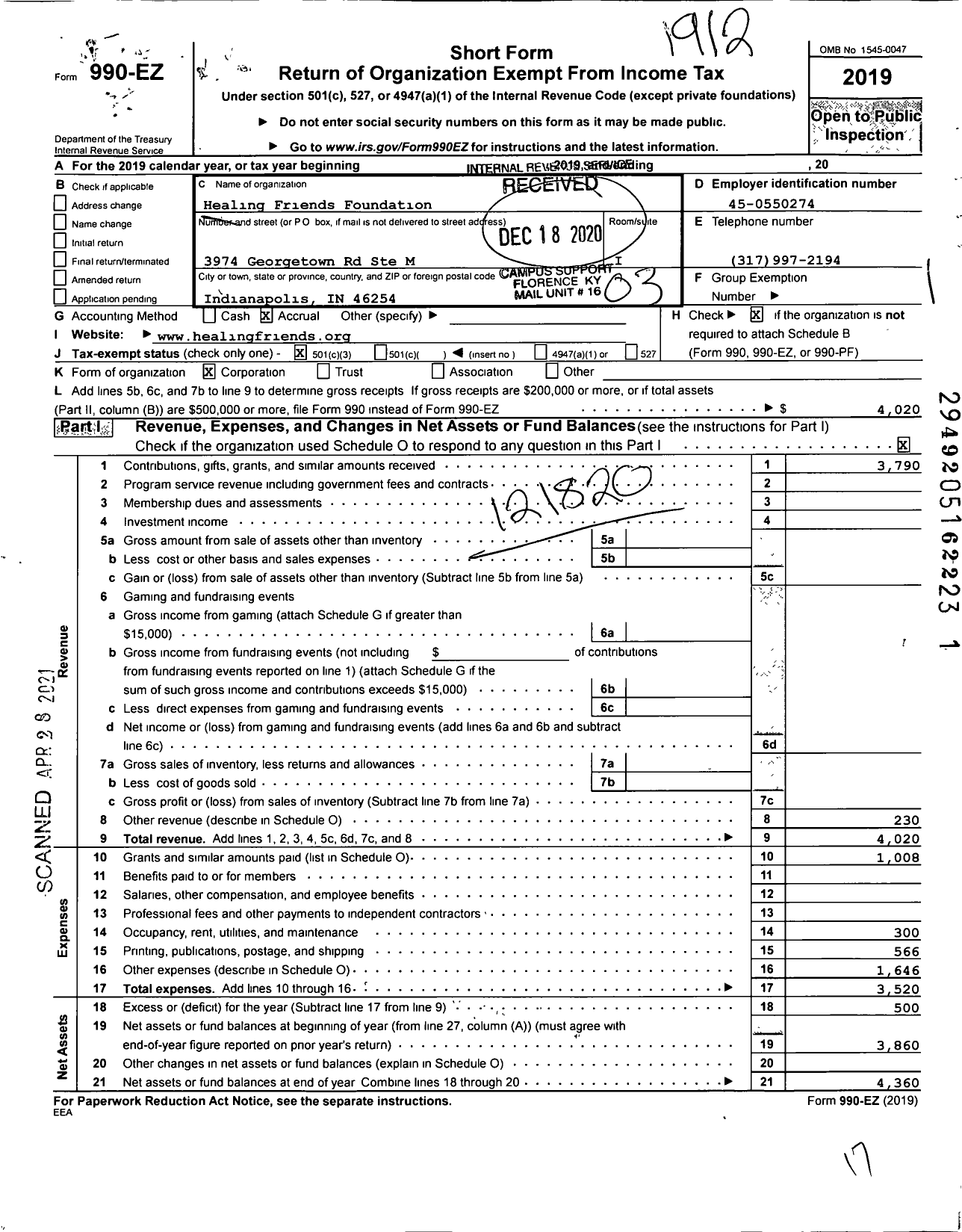 Image of first page of 2019 Form 990EZ for Healing Friends Foundation Corp