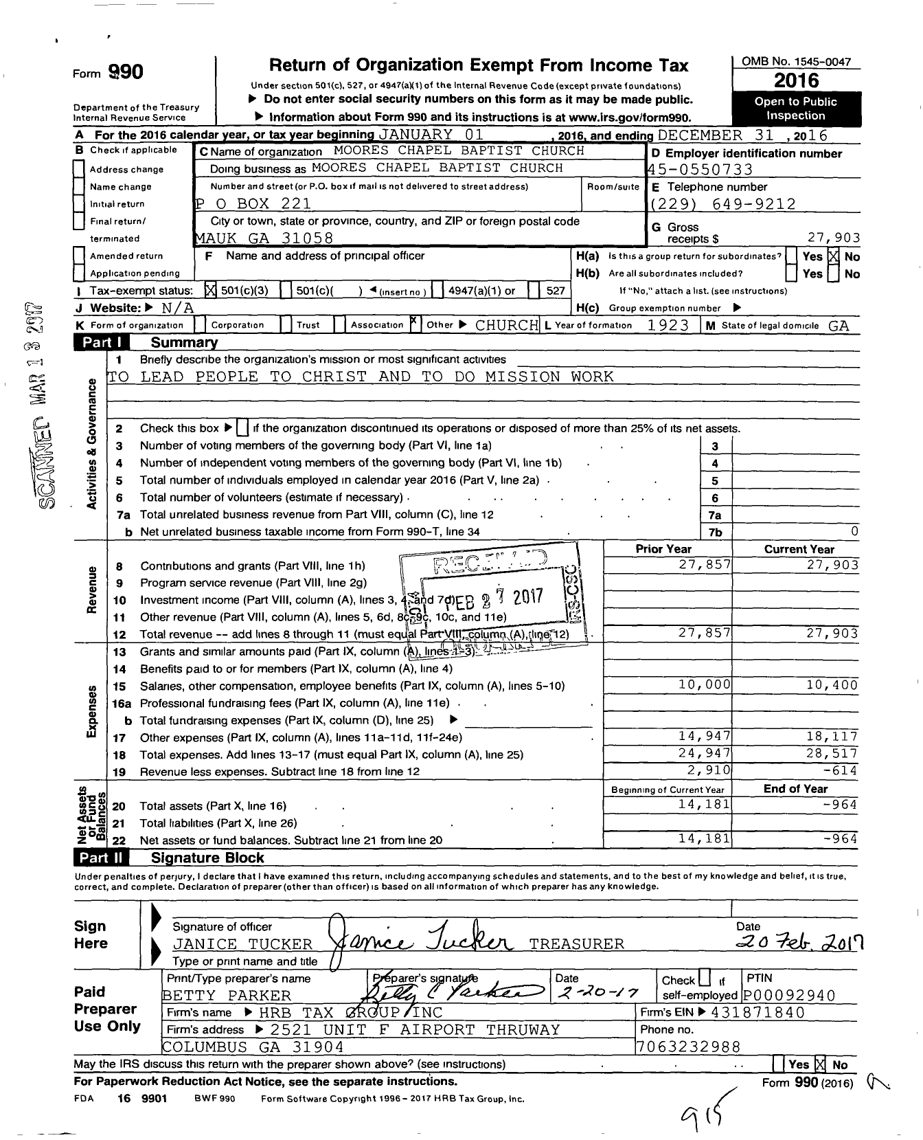 Image of first page of 2016 Form 990 for Moores Chapel Baptist Church