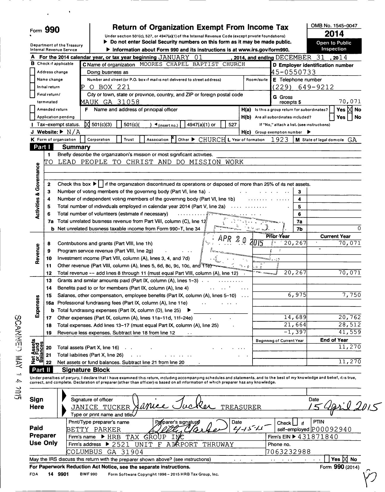 Image of first page of 2014 Form 990 for Moores Chapel Baptist Church