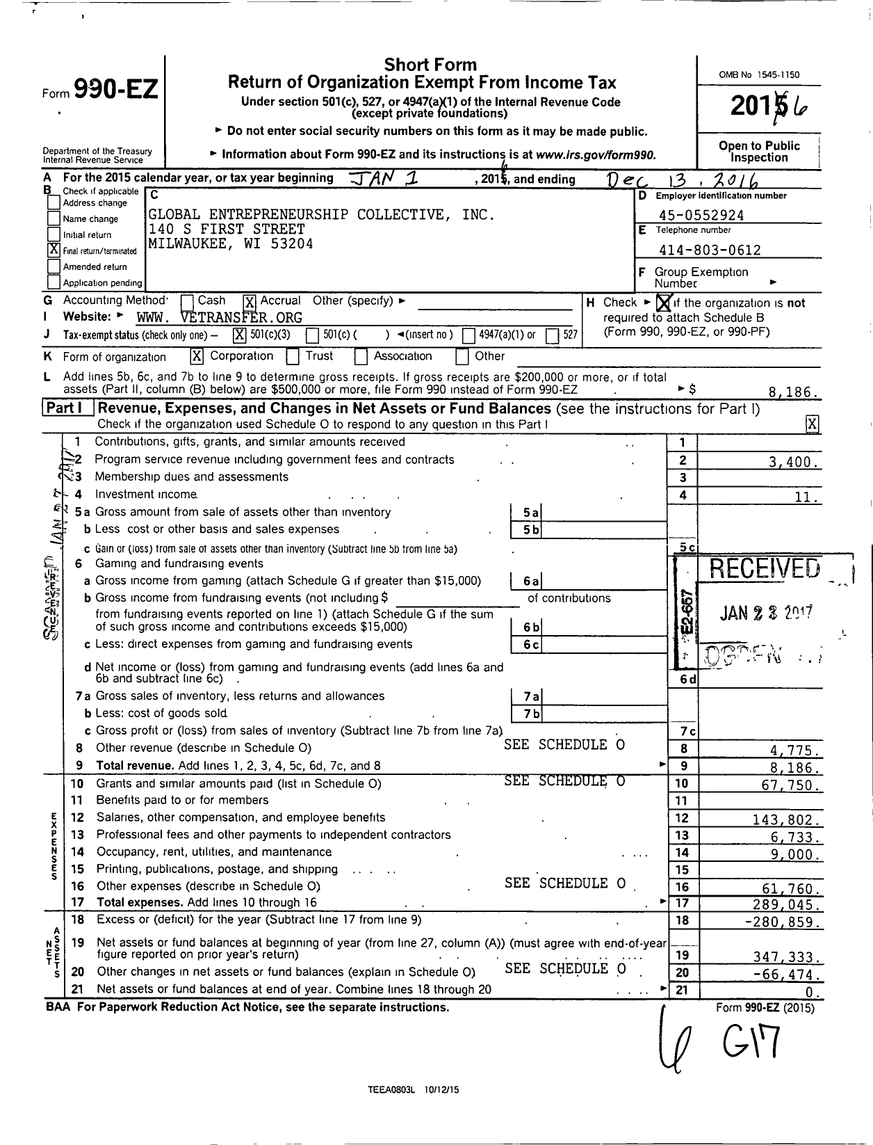 Image of first page of 2016 Form 990EZ for Global Entrepreneurship Collective