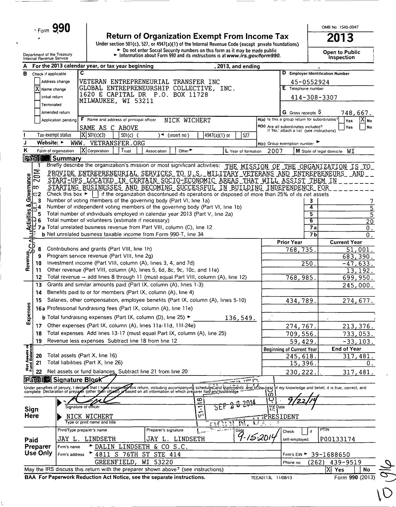 Image of first page of 2013 Form 990 for Global Entrepreneurship Collective