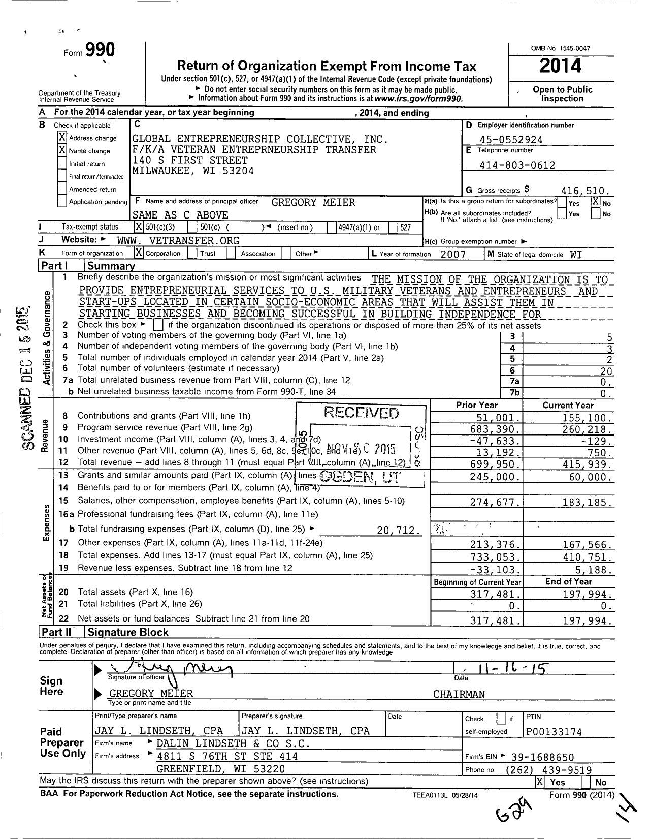 Image of first page of 2014 Form 990 for Global Entrepreneurship Collective