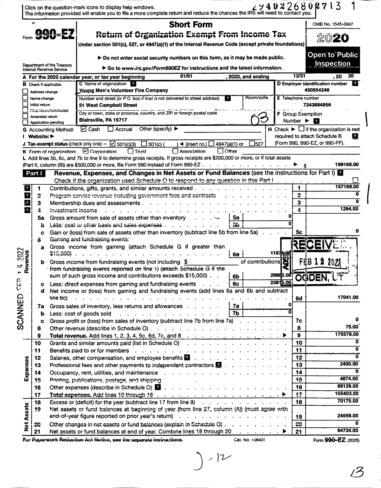 Image of first page of 2020 Form 990EZ for Young Mens Volunteer Fire Company