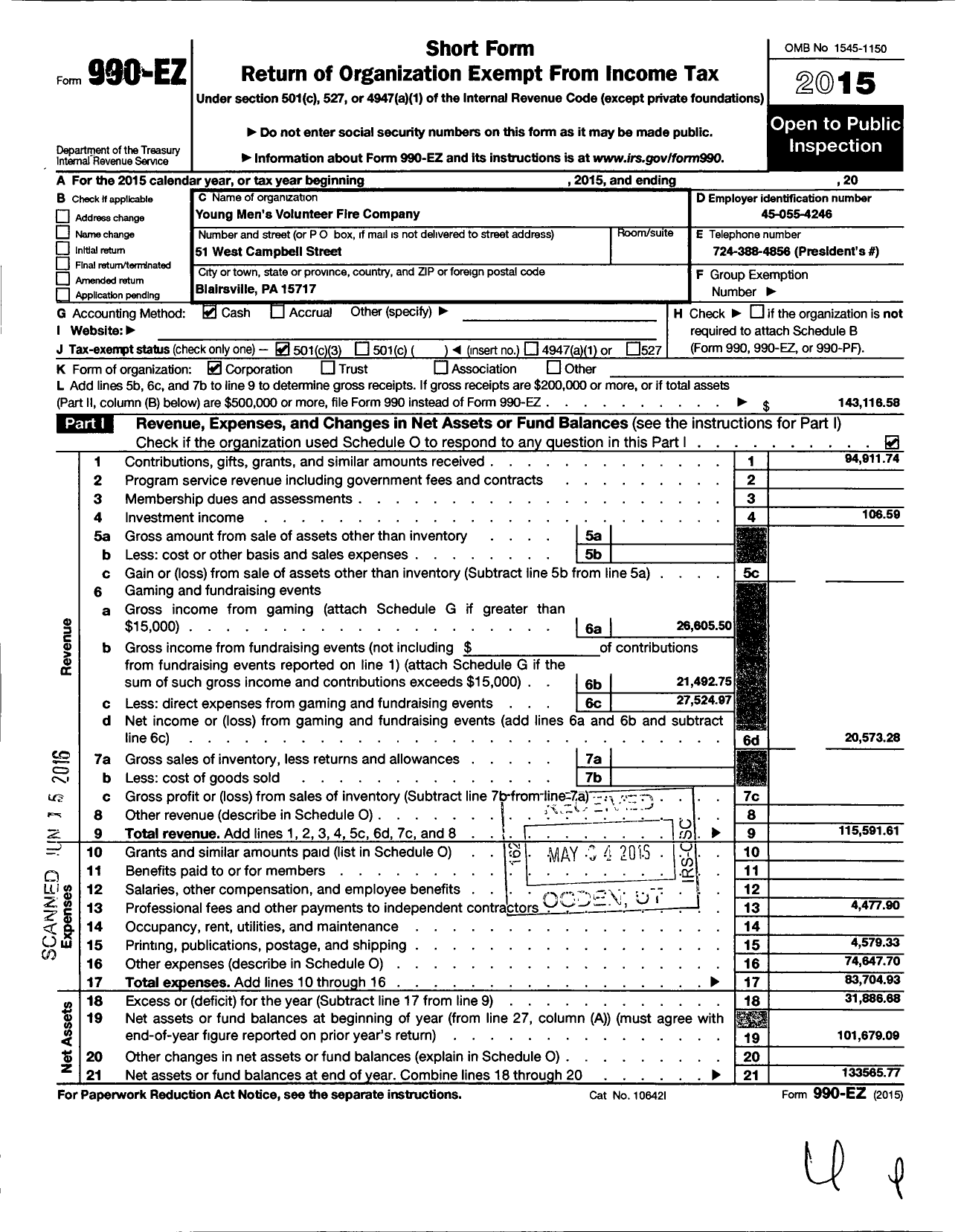 Image of first page of 2015 Form 990EZ for Young Mens Volunteer Fire Company