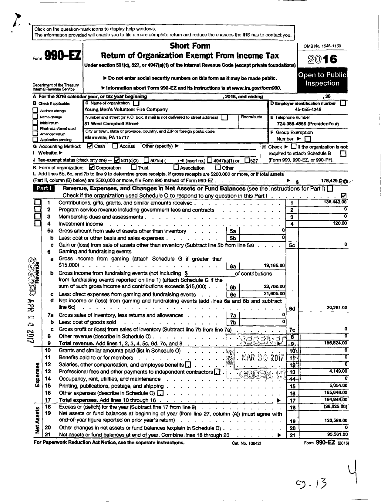 Image of first page of 2016 Form 990EZ for Young Mens Volunteer Fire Company
